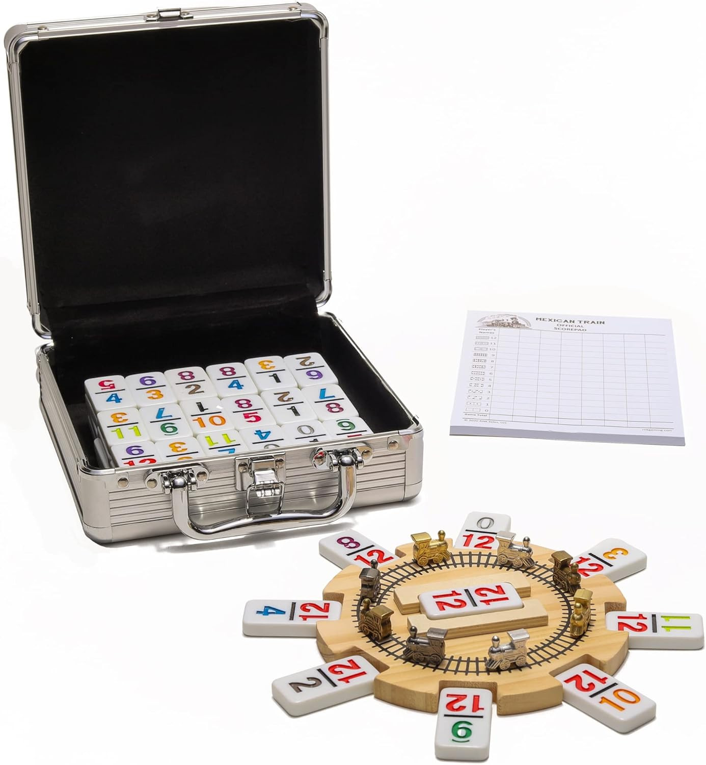 Mexican Train Dominoes Set Double 12 Color with Numbers and Wooden Hub 8 Metal T