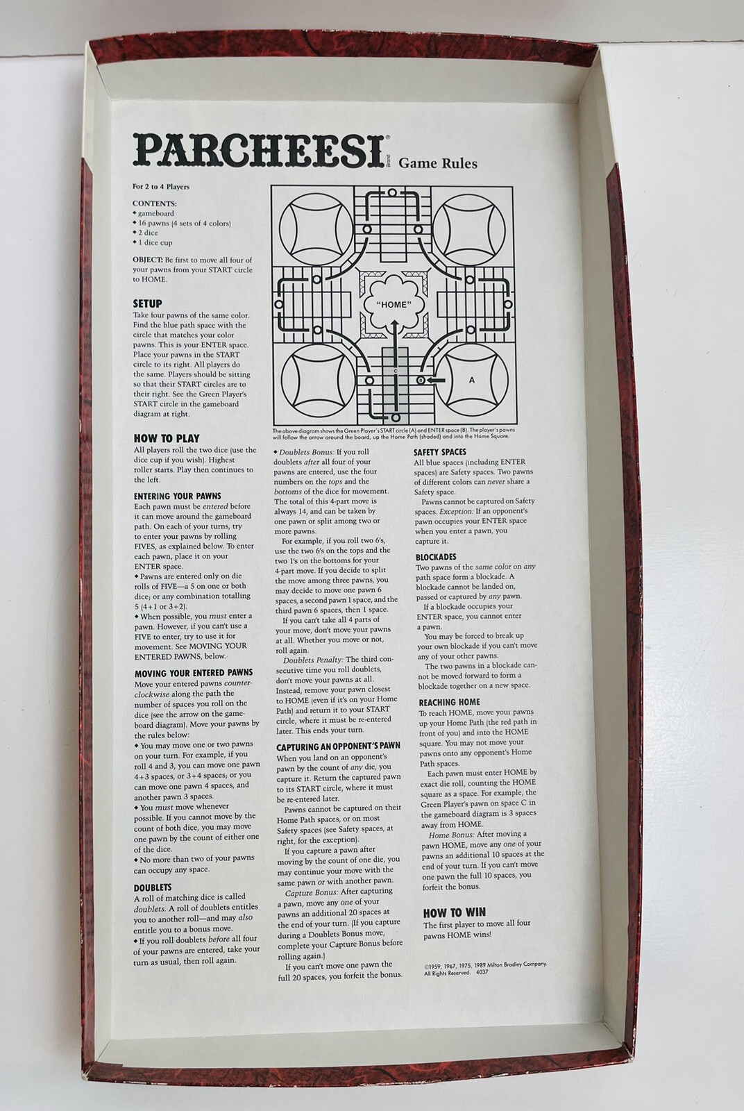 Vintage 1989 Milton Bradley Parcheesi Board Game Complete