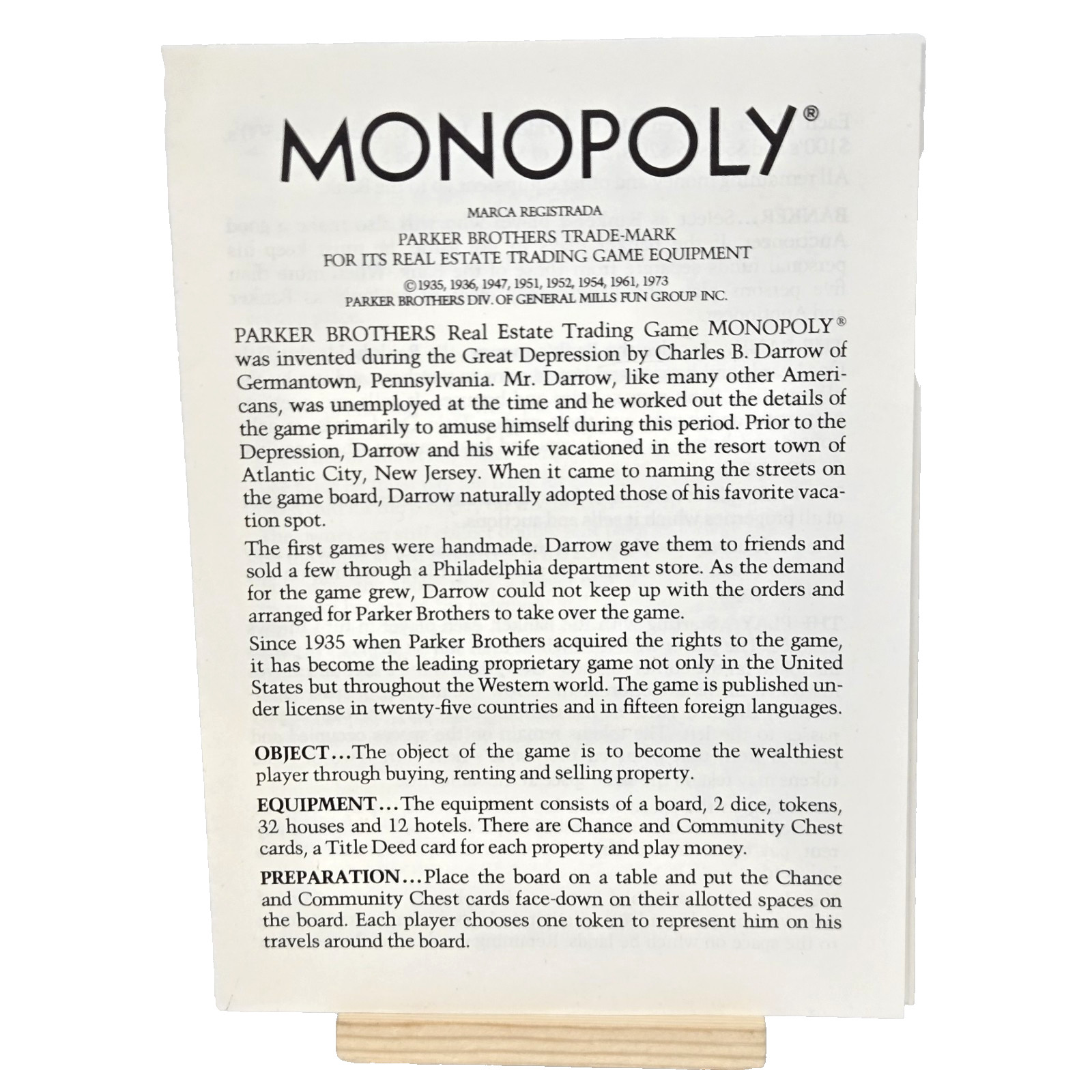 Vintage Classic Monopoly Game Replacement Instruction Manual Rules Booklet ©1973