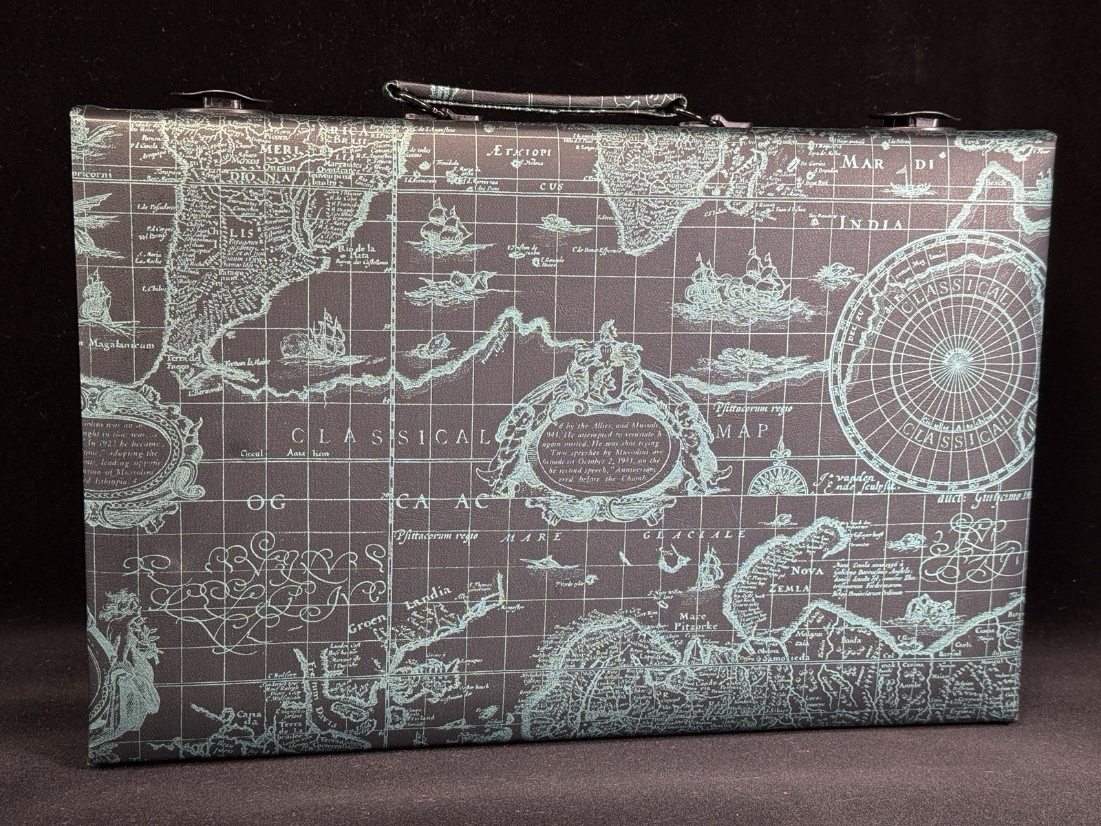 WE Games Map Pattern Gray/Black Leatherette Backgammon Set 10 X 15” Closed