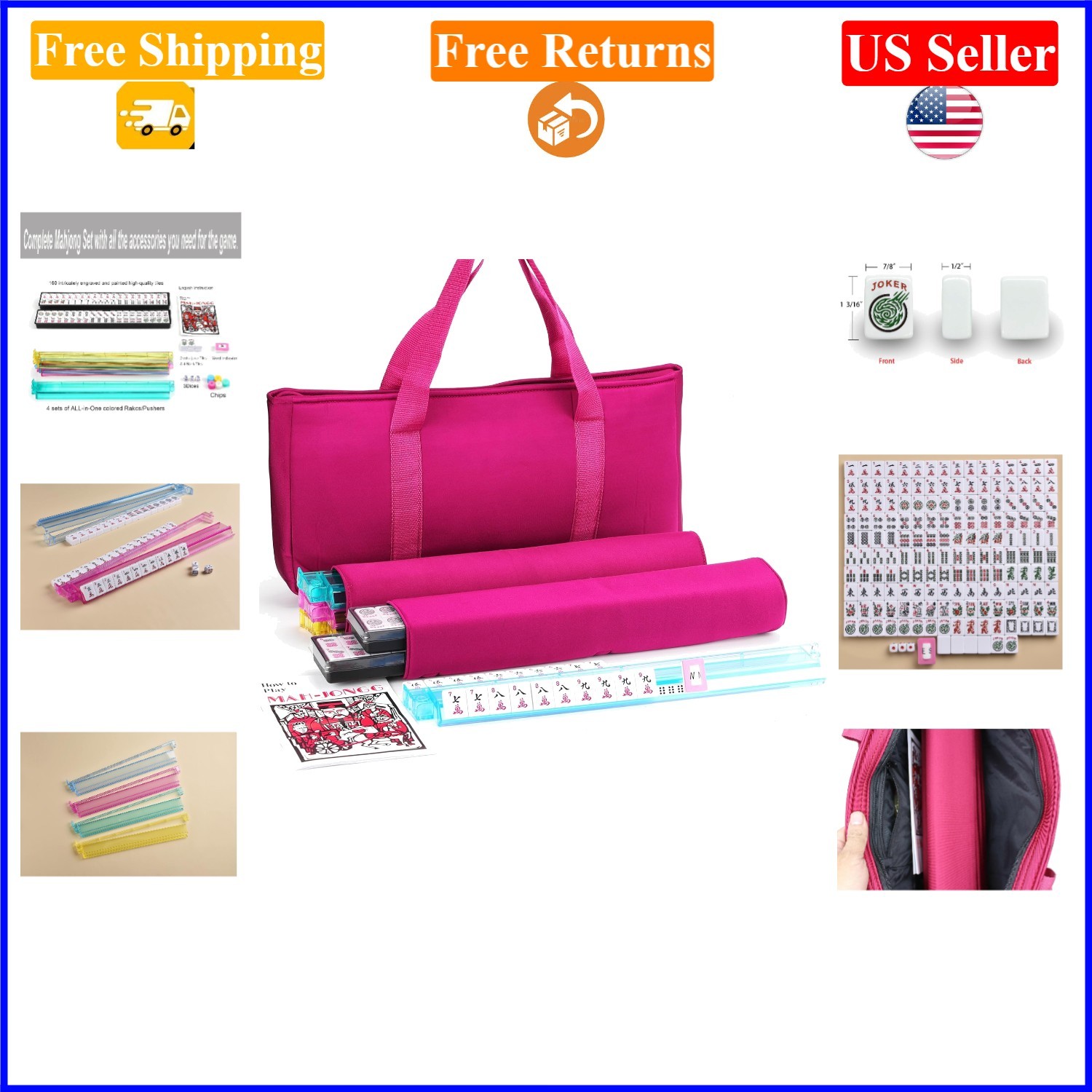 American Mahjong Game Set with Tiles, Chips, and Pink Carrying Bag