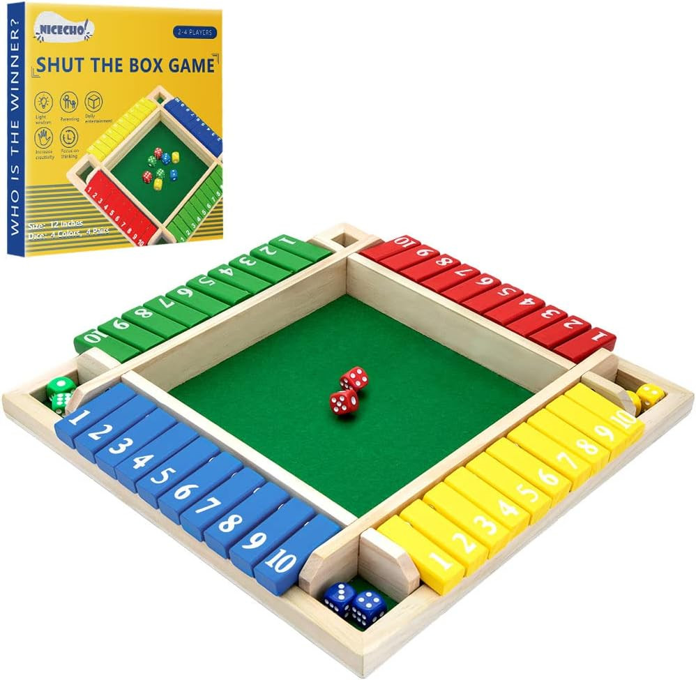 Shut the Box Game, 12 Inches Family Wooden Board Table Math Dice Games for Adult