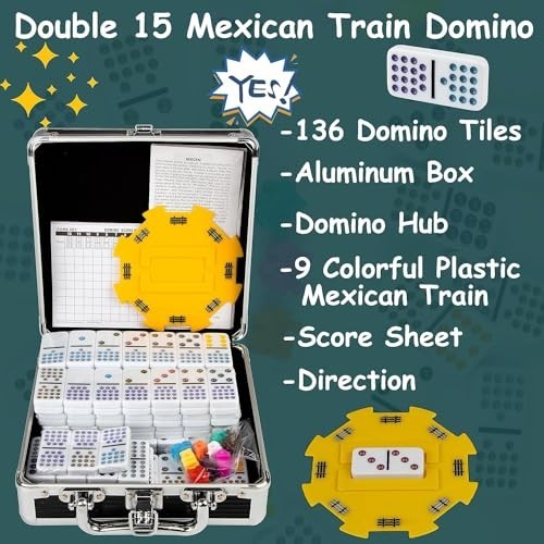 Dominoes Set Double 15 Colored Dot Mexican Train Game 136 Tiles Aluminum Case