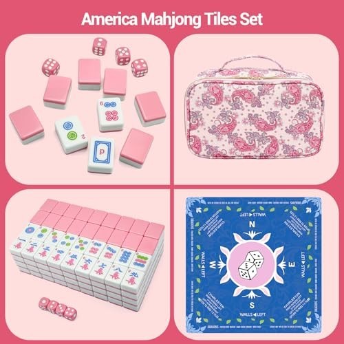 166 Pink Mahjong Tiles Set with Carrying Bag & Accessories – Portable Travel Gam