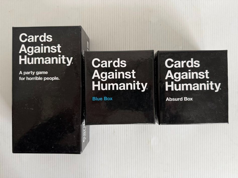 Lot of 3 Cards Against Humanity Playing Card Games Base Set, Absurd & Blue Box