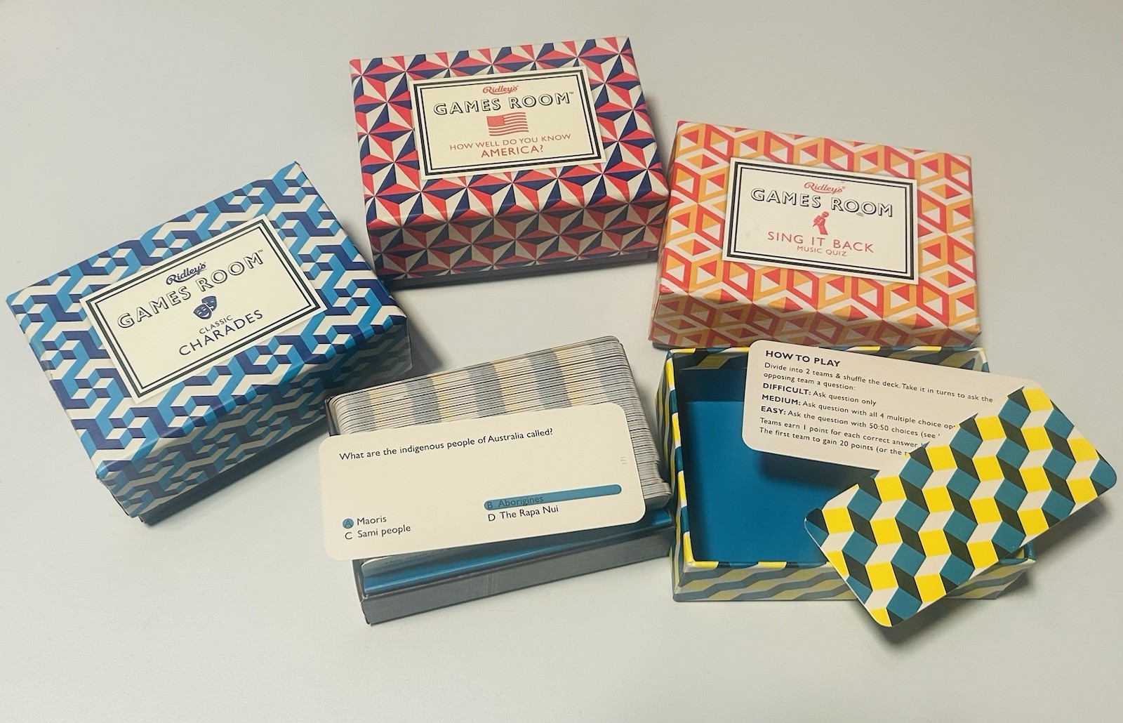 Ridley’s 4 In 1 Trivia Sets: Charades, America, General and Music-Free Shipping