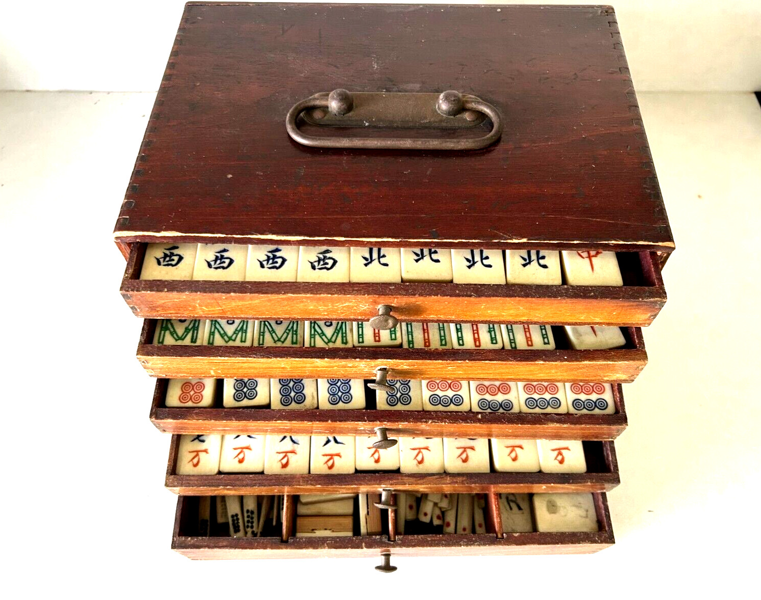 Vintage Mahjong Tiles (157) Dovetail Bamboo/Oxen/Bovine Bone in Wood Box
