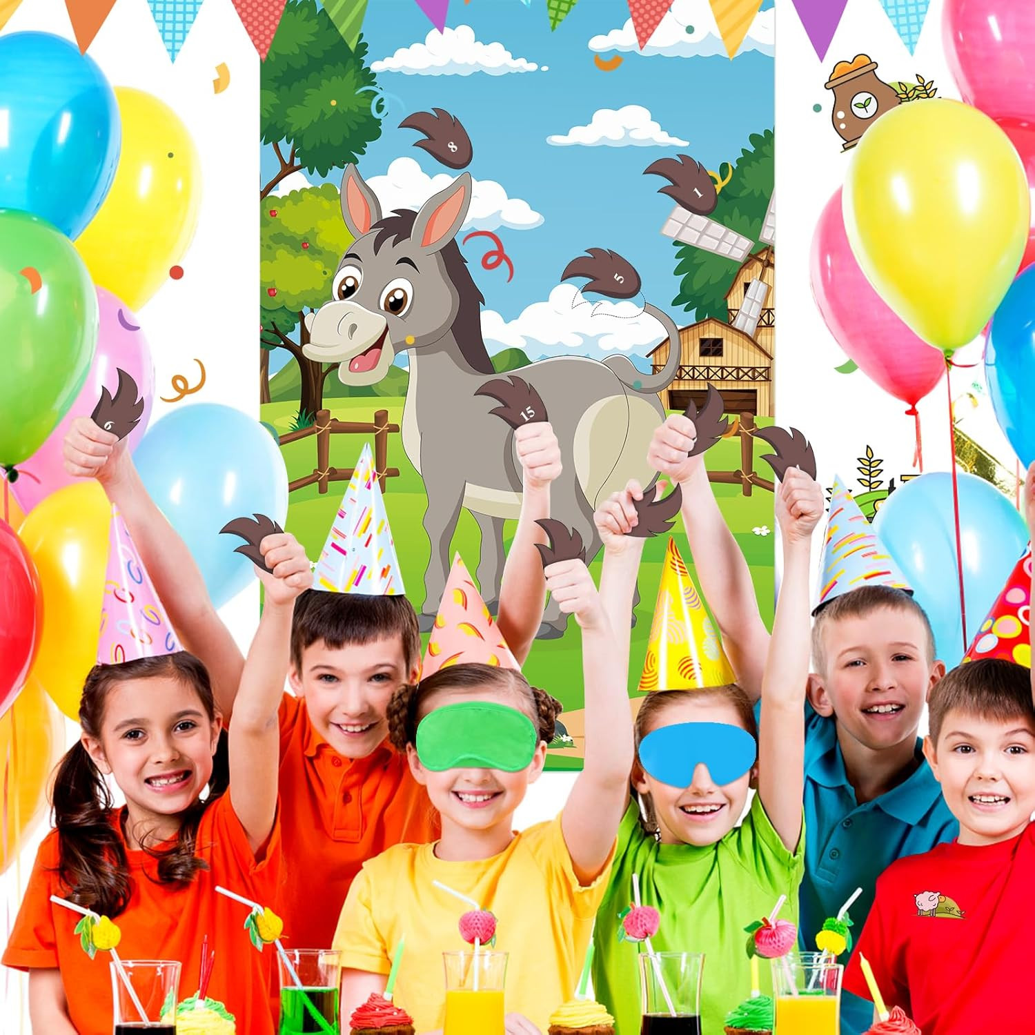 Pin The Tail On The Donkey Party Game with 48 Pcs Tails Large Farm Donkey Games