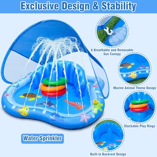 Inflatable Baby Pool Float with Canopy Backrest & Stackable Rings Water iGeeKid