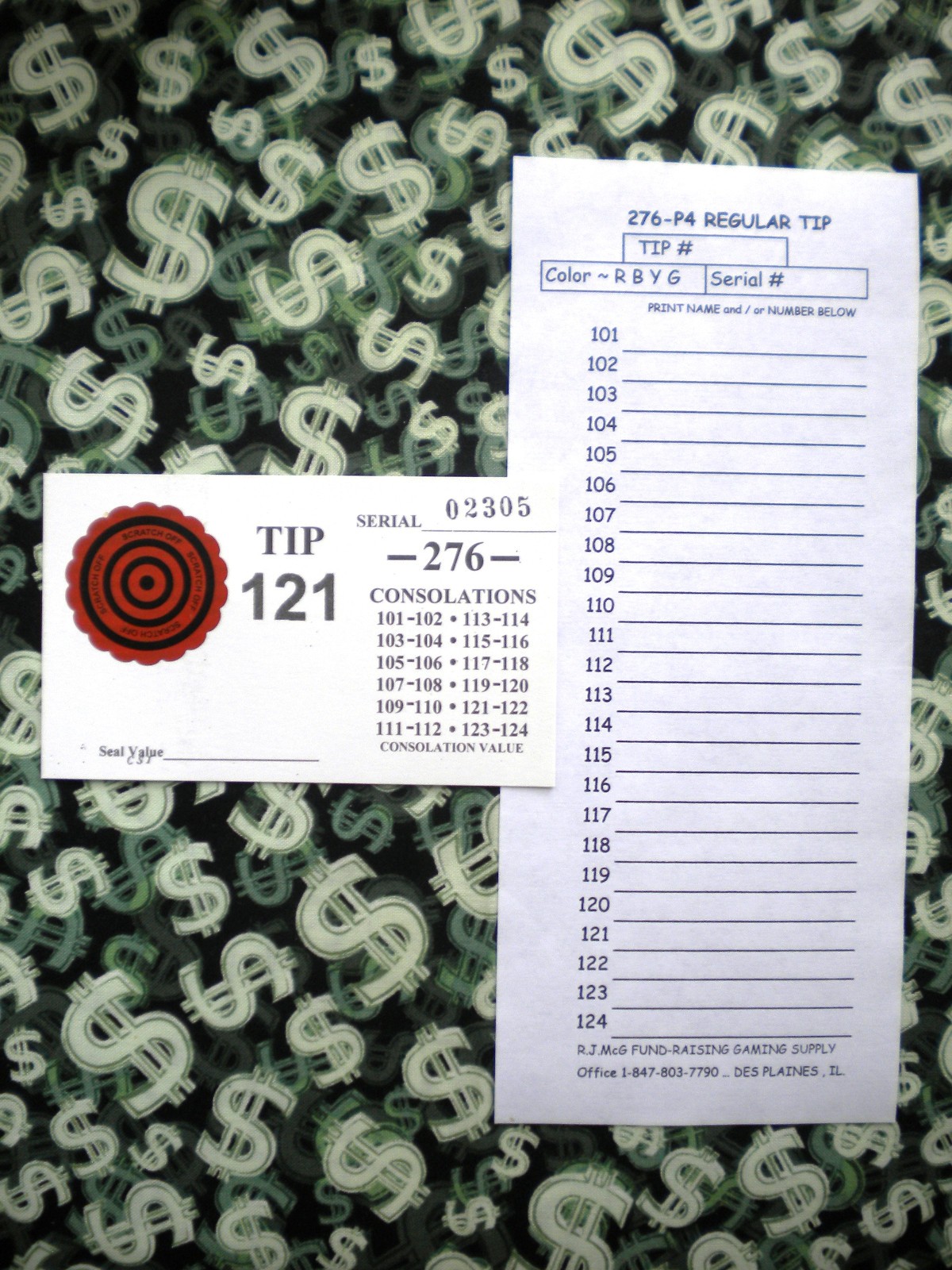 1 Game ~ 276-P4’s x69 REGULAR “NOT Sure” TIP BOARD {101-124} Pull Tab Jar Ticket