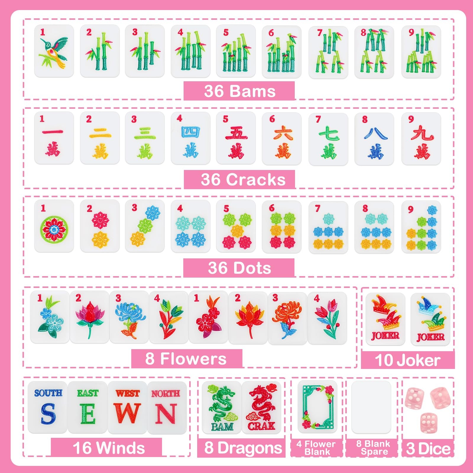 166 American Mahjong Tile Set with Storage Bag & Dice, 1.2″ Pink