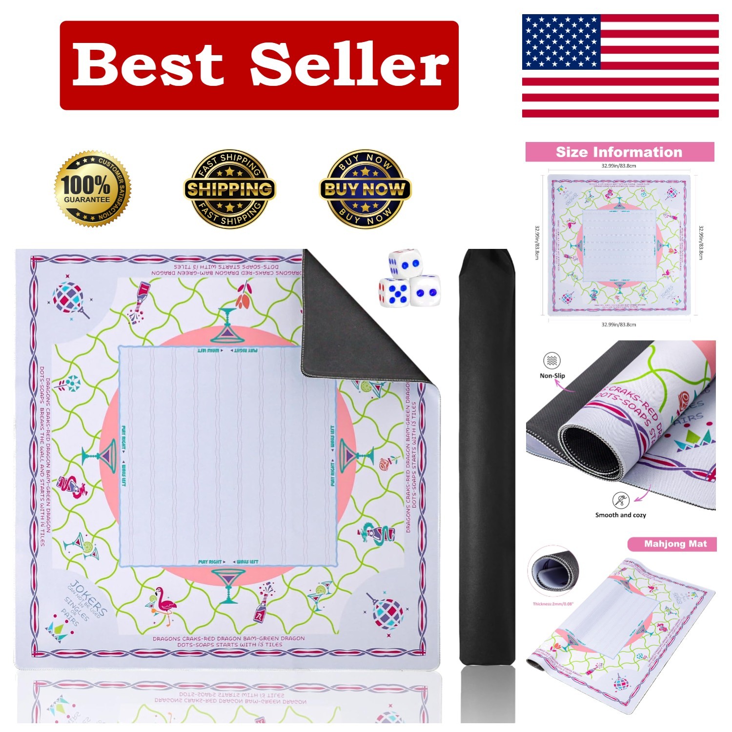 American Mahjong Mat(33″x33″) with Black Carrying Bag&Dice,Anti-Slip, Noise-R…