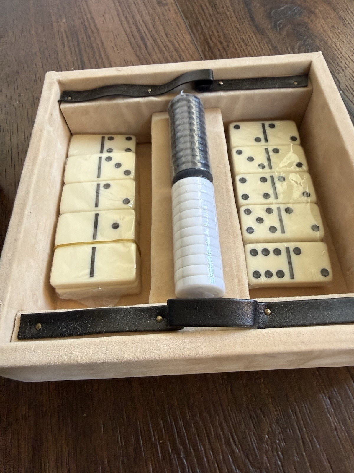 Vintage SEALED Poker Set Domino Box Chips Cards Dice Mid Century 7”