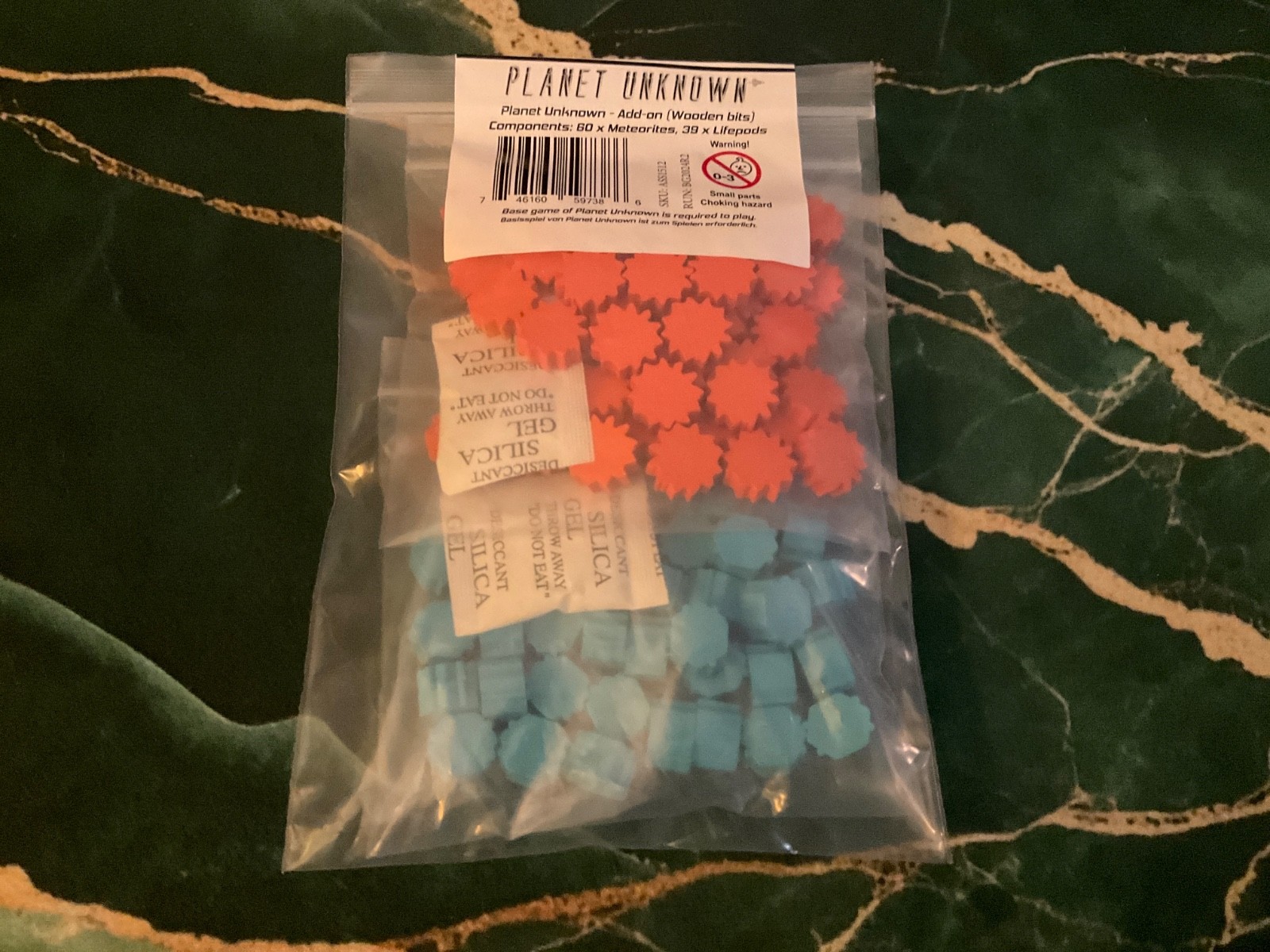 planet unknown board game, add-on, wooden bits, meteorites and lifepods