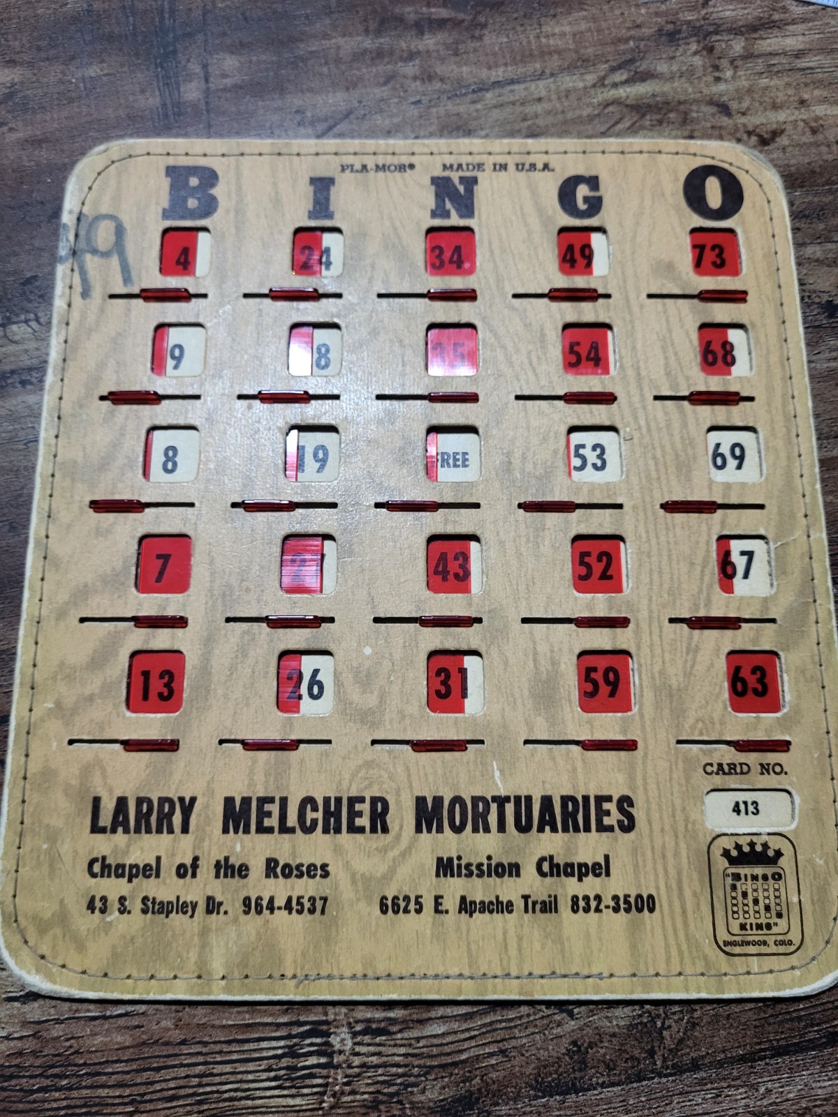 Larry Melcher Mortuaries Mesa Arizona Vintage Bingo Pla-Mor Card 1950’s 60’s !