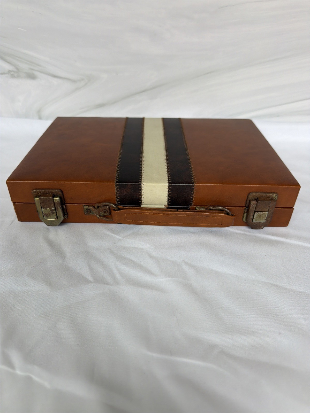 Vintage Backgammon Set Faux Leather Carrying Case Brown Striped Travel Board