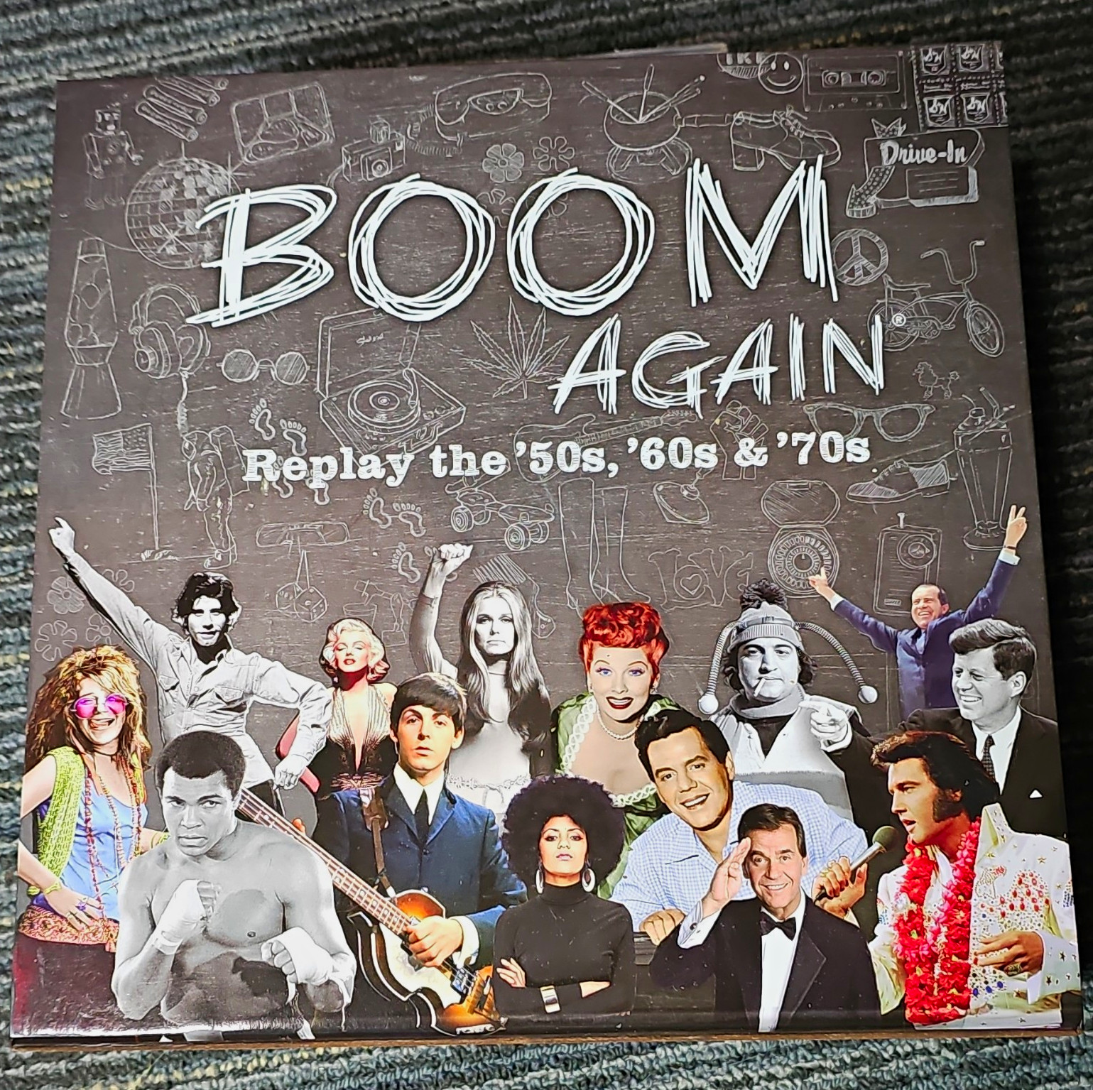 Boom Again Board Game Wooden Box Replay the 50s 60s 70s 2+ Players Adult