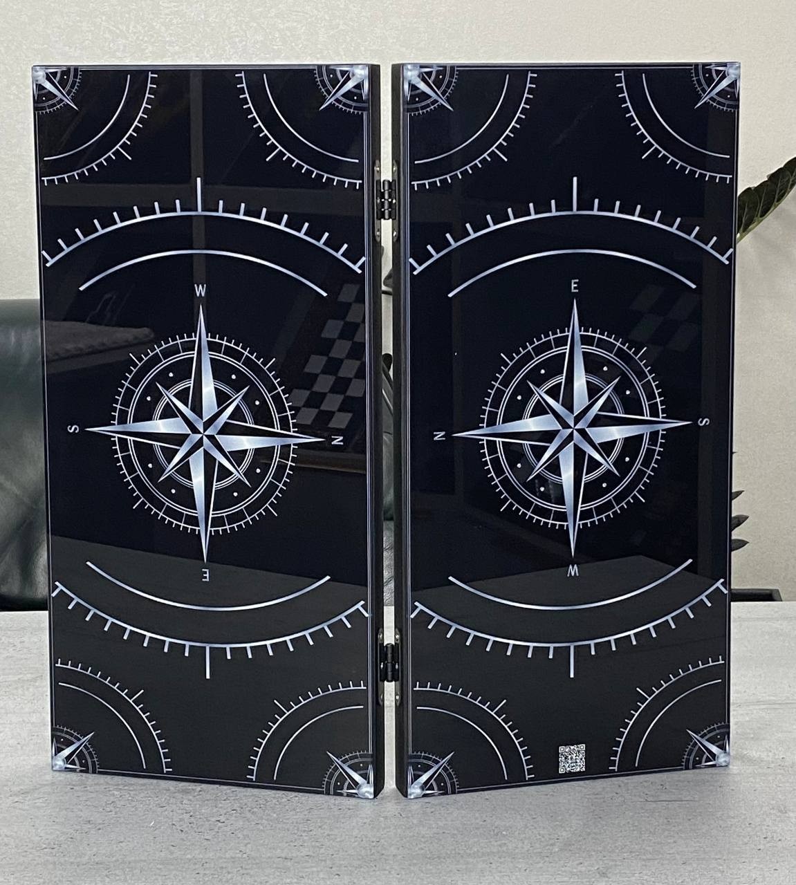 Glass & Wood Backgammon Set with Compass Design, Custom Board Game, 20×10 in
