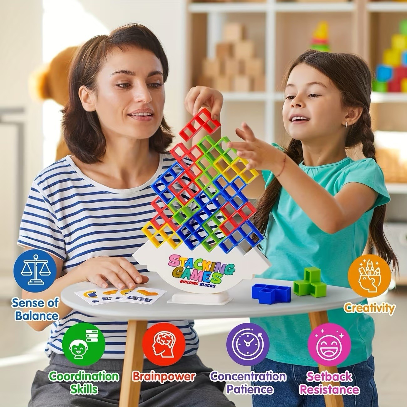 Tetra Tower Balance Game – 48PCS 3D Stacking Puzzle Blocks Educational STEM Toy