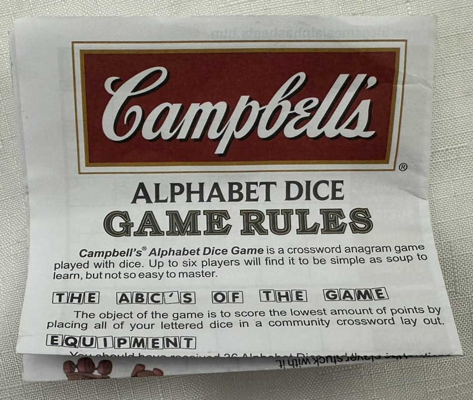2011 Campbell’s Alphabet Dice Game by TDC Games Complete Great Cond FREE SHIP