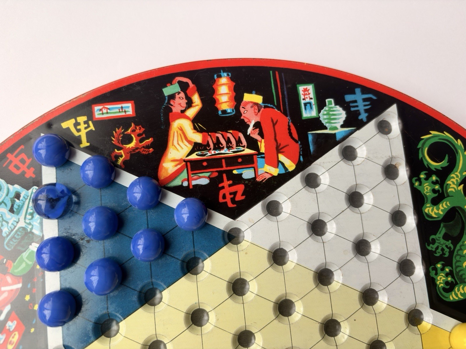 EARLY VTG STEVEN MFG. PIXIE GAME METAL CHINESE CHECKER BOARD TOP ONLY W/MARBLES