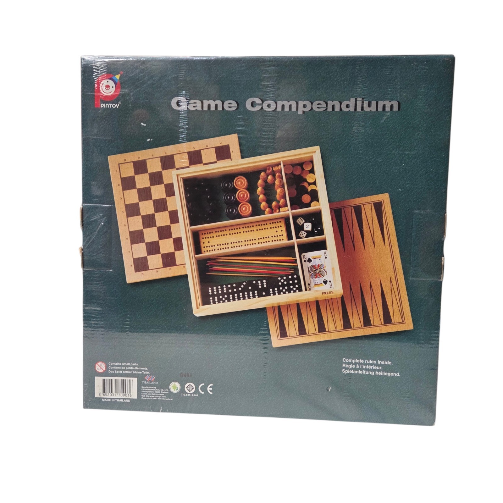 Vintage Wooden Game Compendium Pintoy 7901-0 Thailand 2000 Multi-Game Set Box