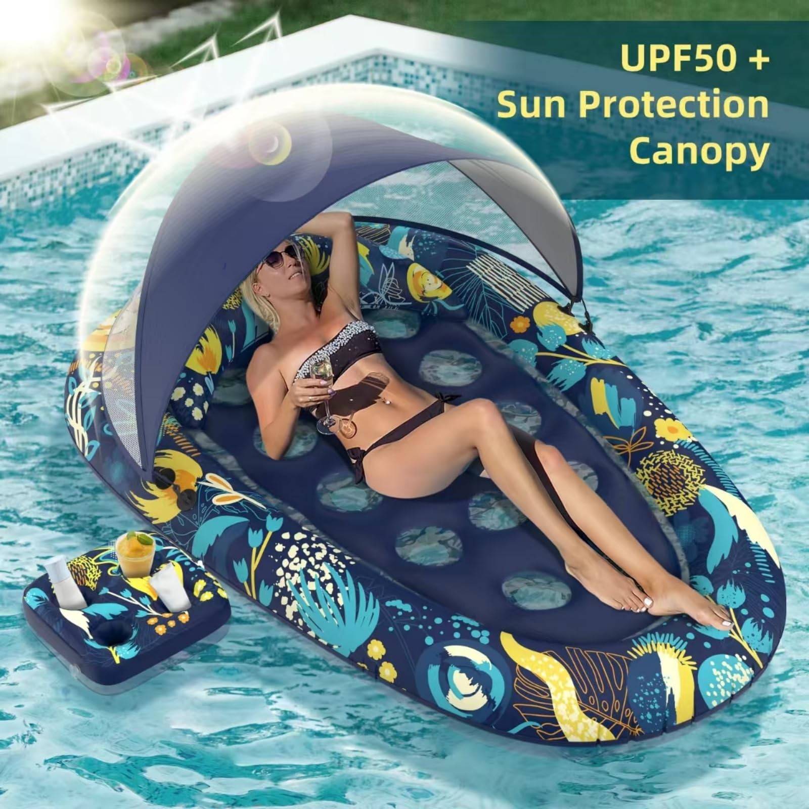 Pool Float 73 x 48 Canopy Cup Holder Heavy Duty Inflatable Lounger Sunikko Large