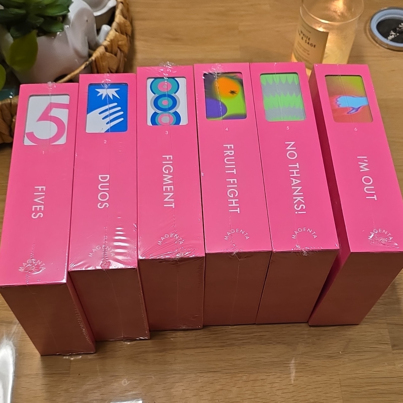 Magenta Card Game Set: Fives, Duos, Figment, Fruit Fight, No Thanks!, I’m Out