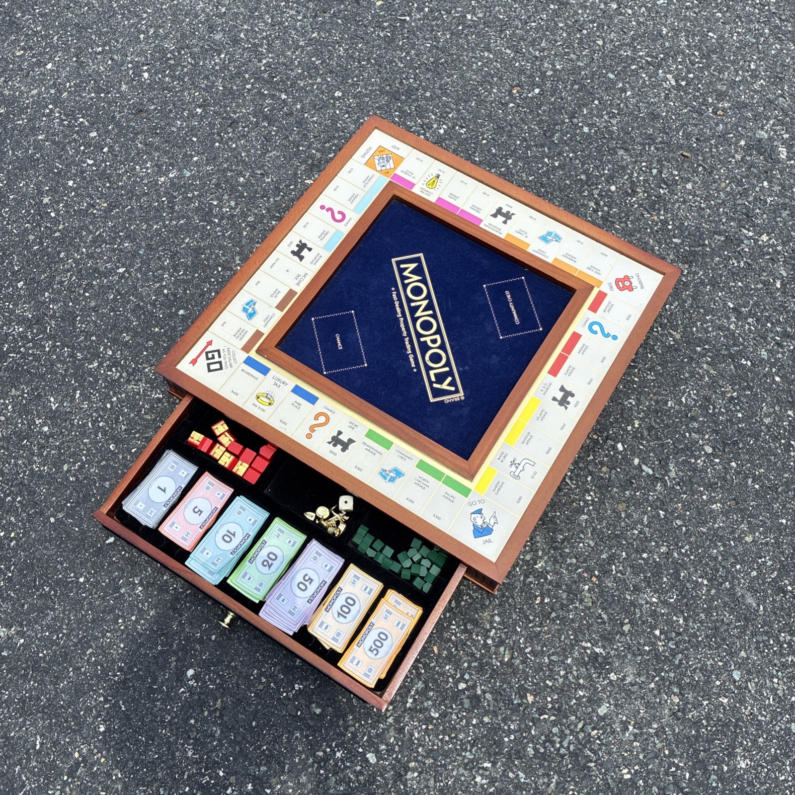 HUGE Monopoly Luxury Edition Blue Board Game Collectible Wood – PARTS MISSING !