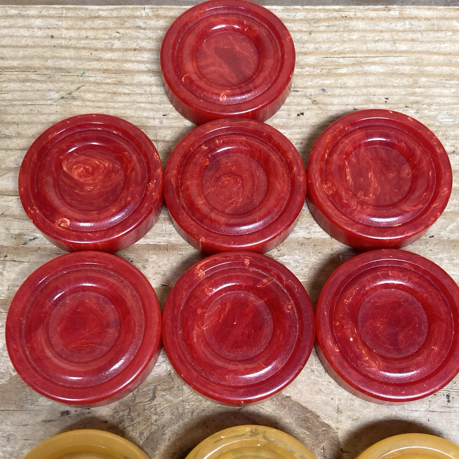 Vintage Bakelite Backgammon Checkers Set with 13 Pieces Red Yellow Butterscotch