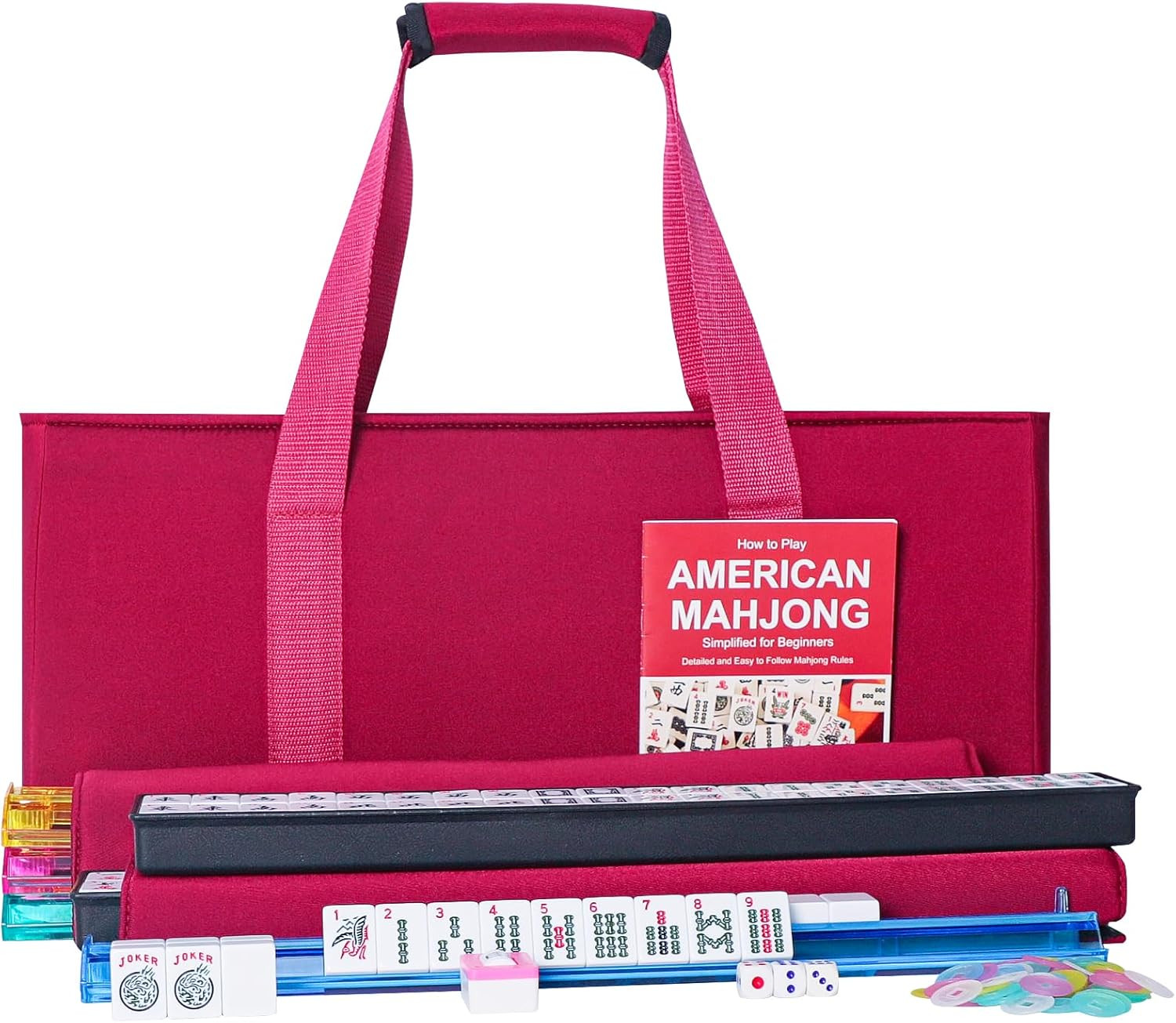 American Mahjong Set,166 White Tiles with Red Bag and Accessories,4 All-In-One M
