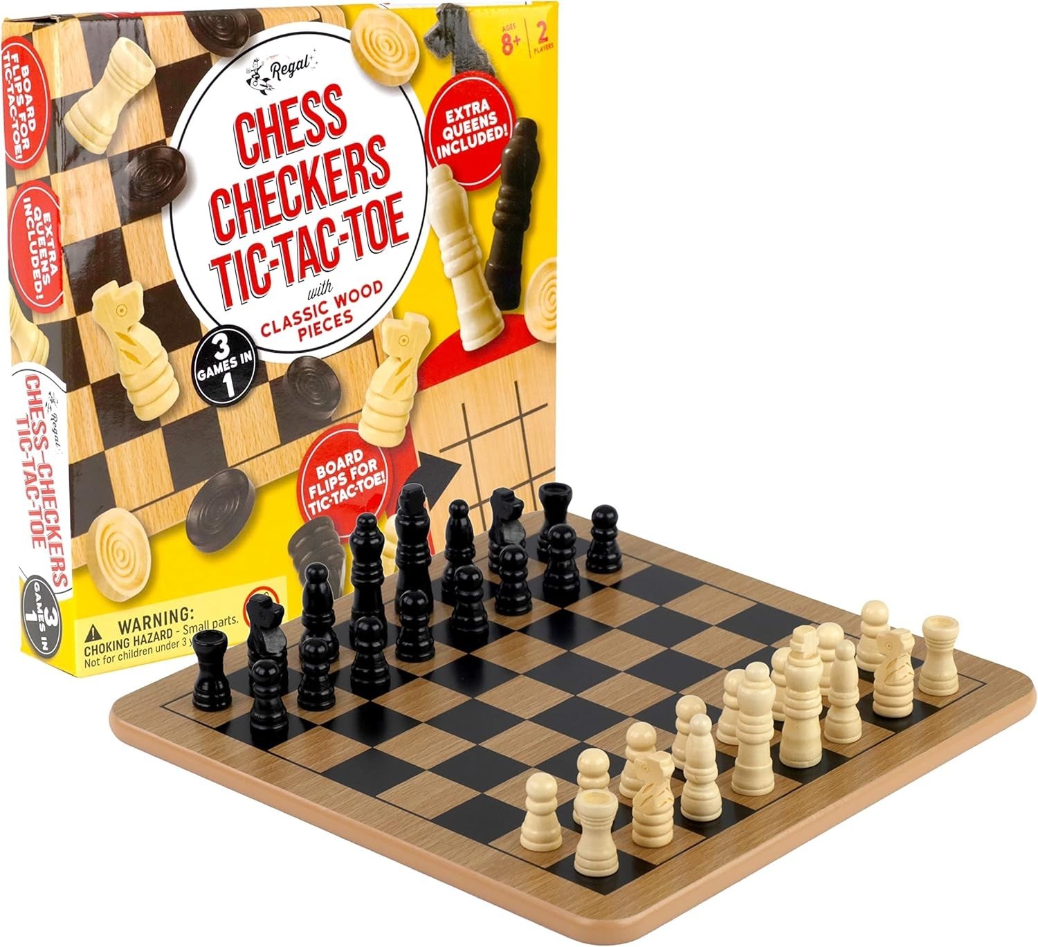 Reversible 3-in-1 Wooden Board for Chess, Checkers & Tic-Tac-Toe – Family Fun