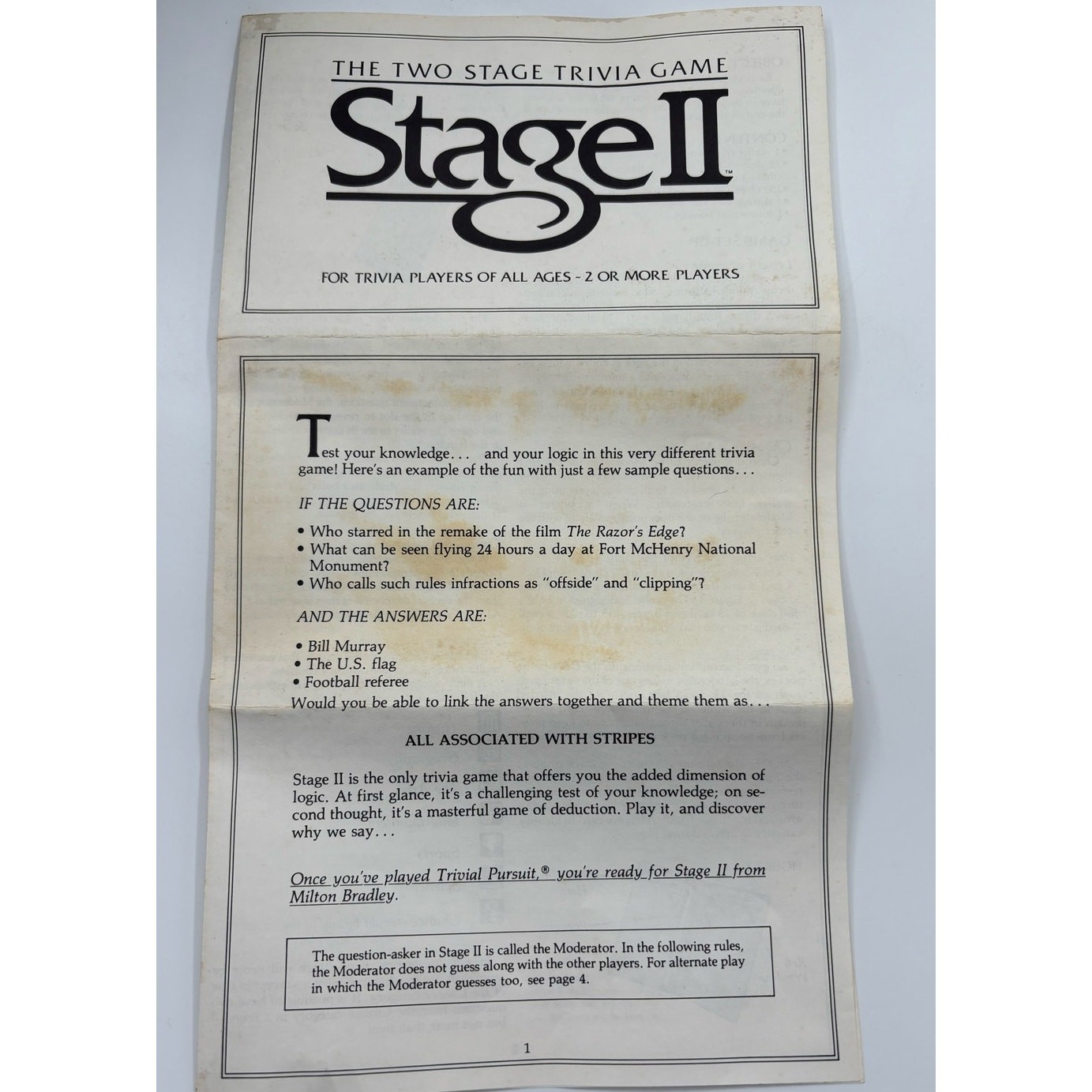 1985 Milton Bradley Stage II Board Game The Two Stage Trivia Game Complete