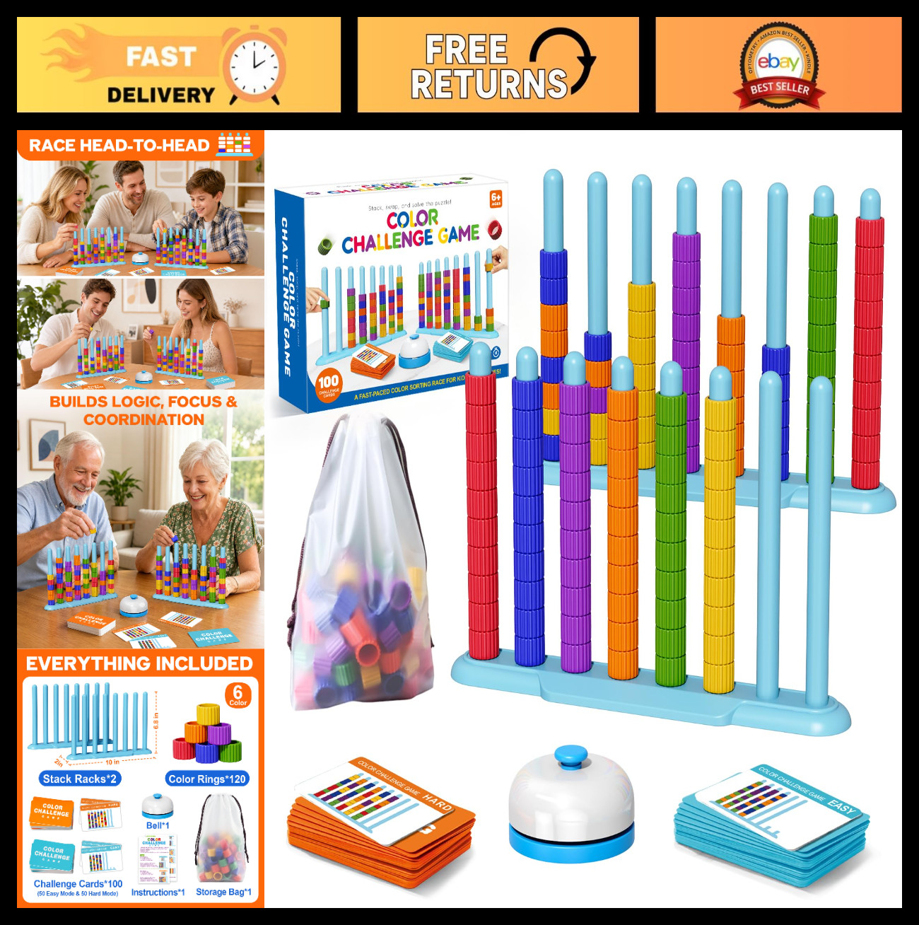 Color Challenge Game – 2 Pack Color Matching & Stacking Game for Family Fun, 100