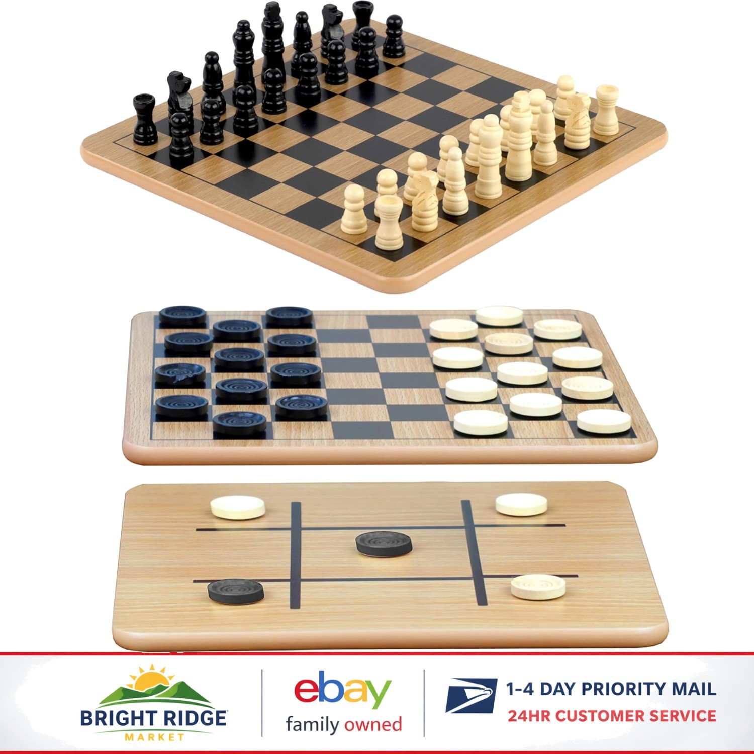 Reversible Wooden Board Game for Chess, Checkers & Tic-Tac-Toe – 10.5 Inch