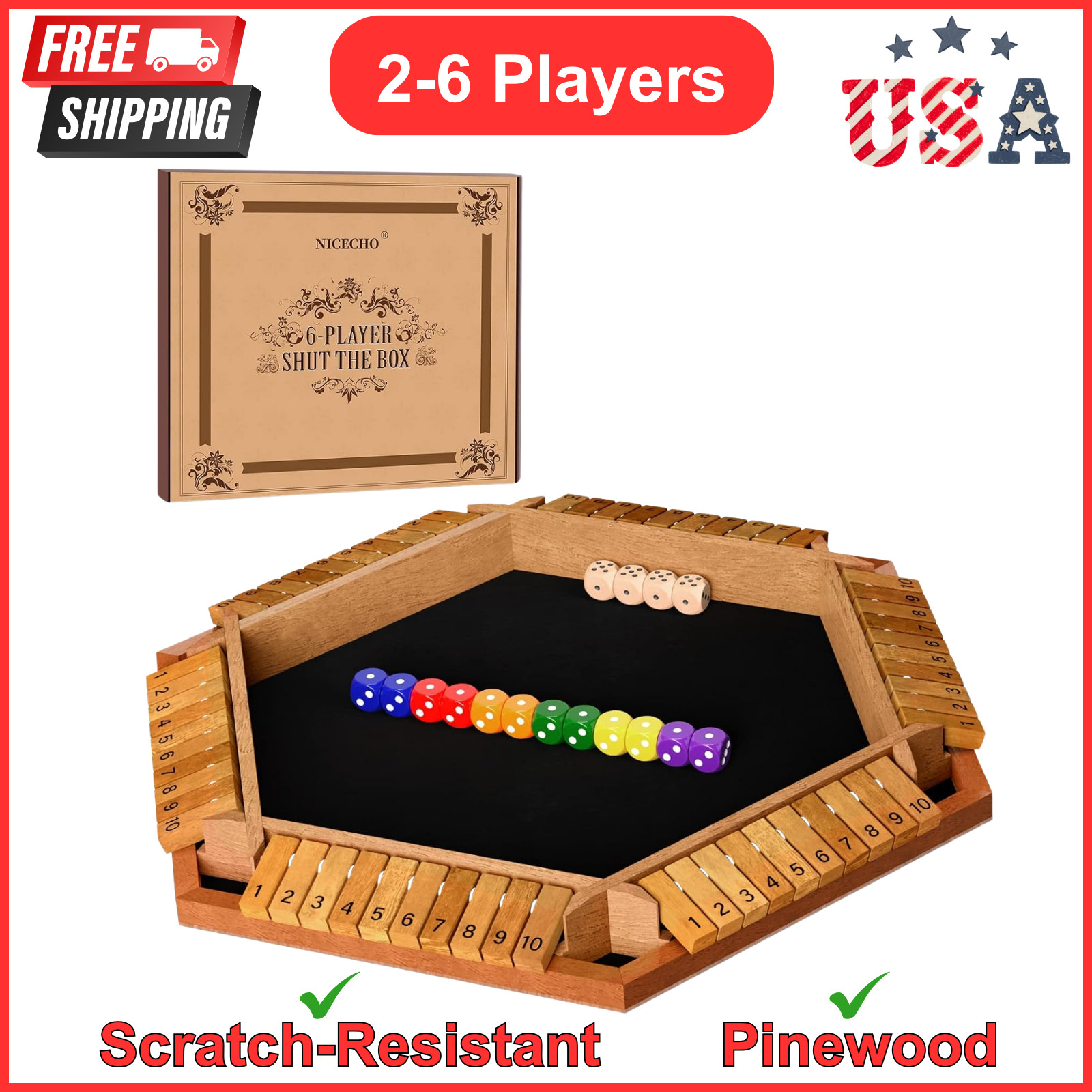 Nicecho 2-6 Players Shut The Box Dice Game, Wooden Board Table Math Game 16 Dice