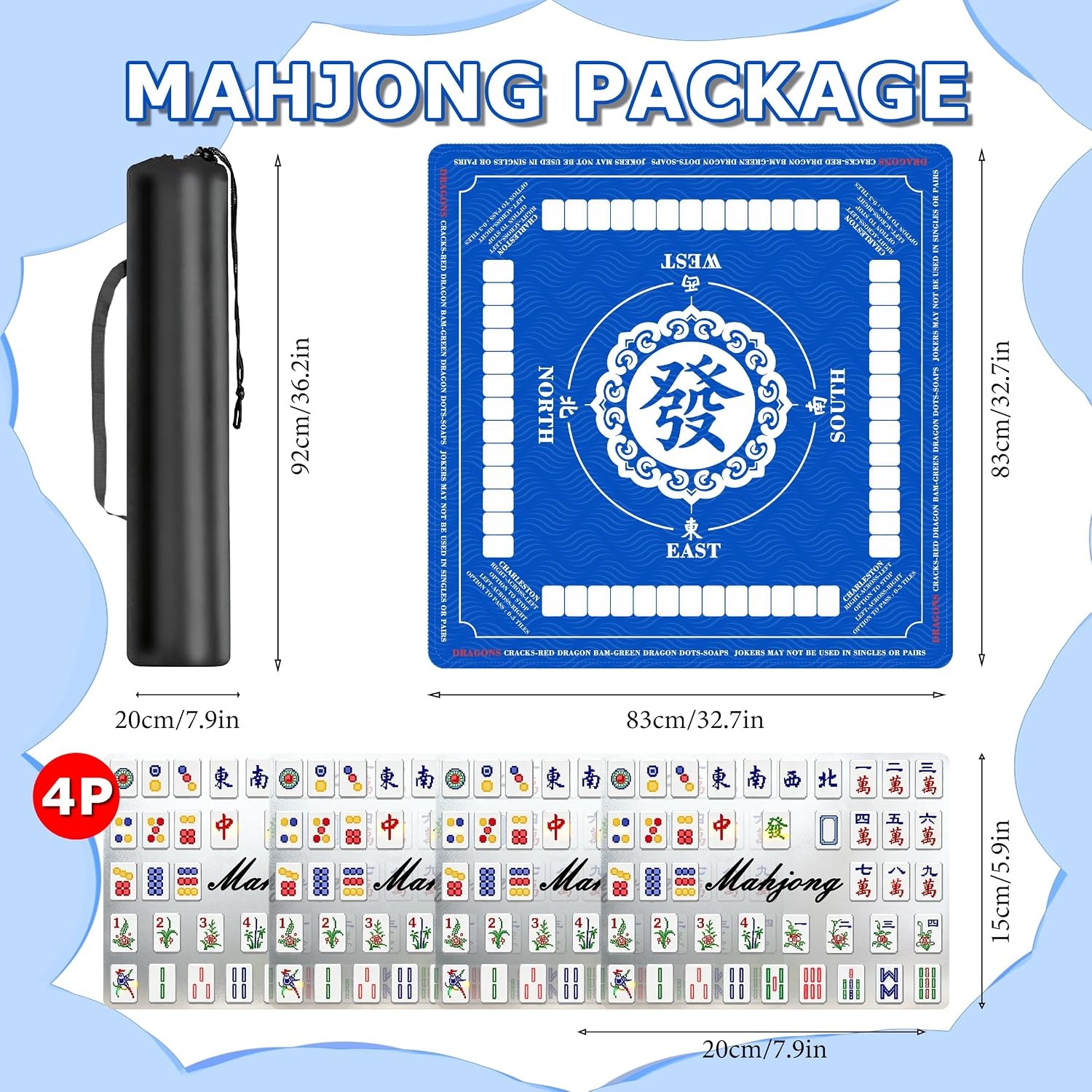 Large Blue Anti Slip Noise Reduction Mahjong Table Mat 31.5×31.5 inches