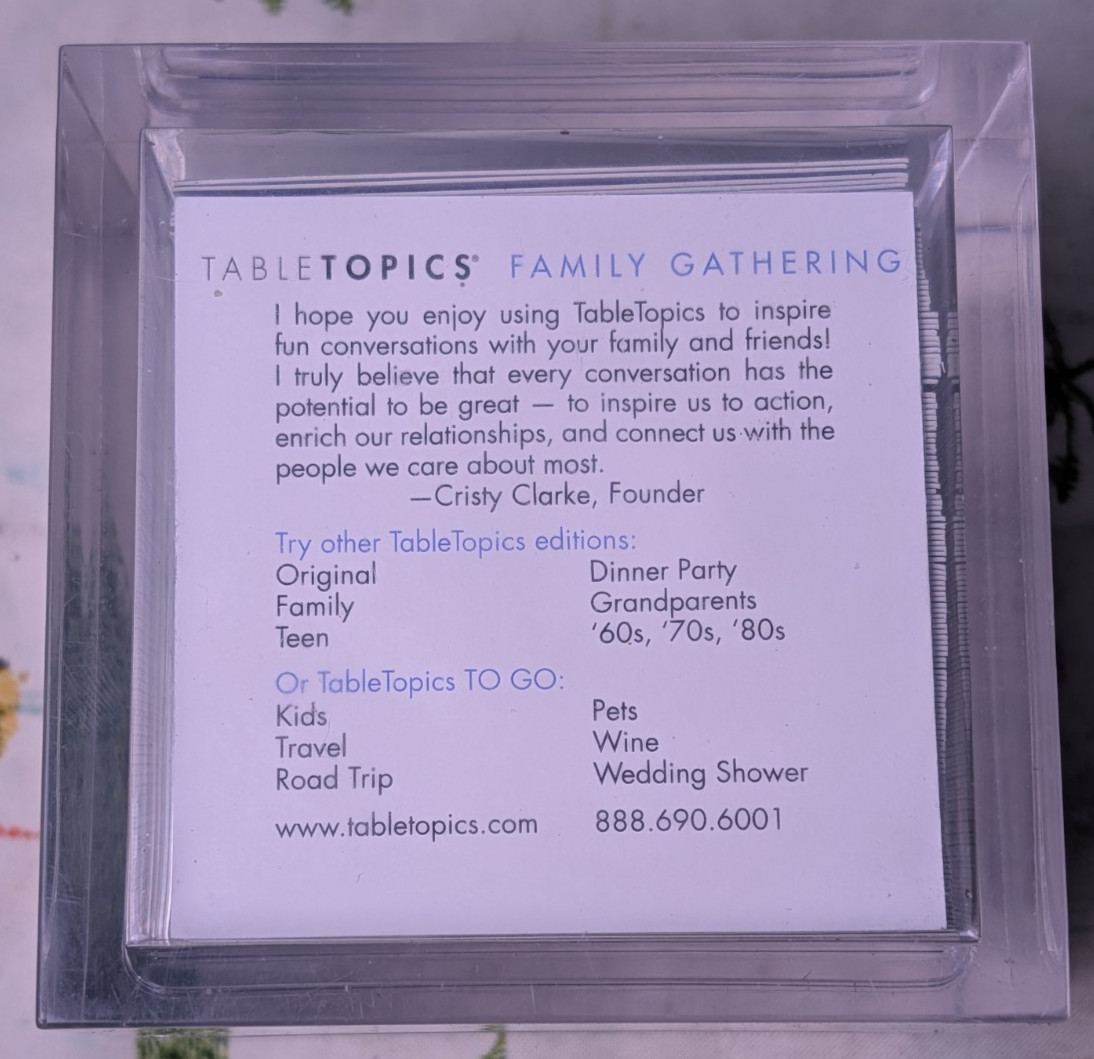 TableTopics Family Gathering Edition Conversation Starter Cards Game Clear Cube