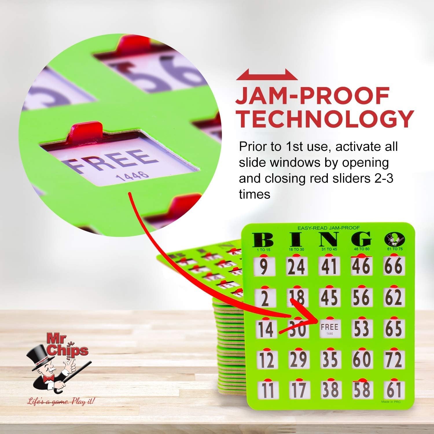 Jam-Proof Large Print Bingo Cards with Sliding Windows, 10 Pack, Green