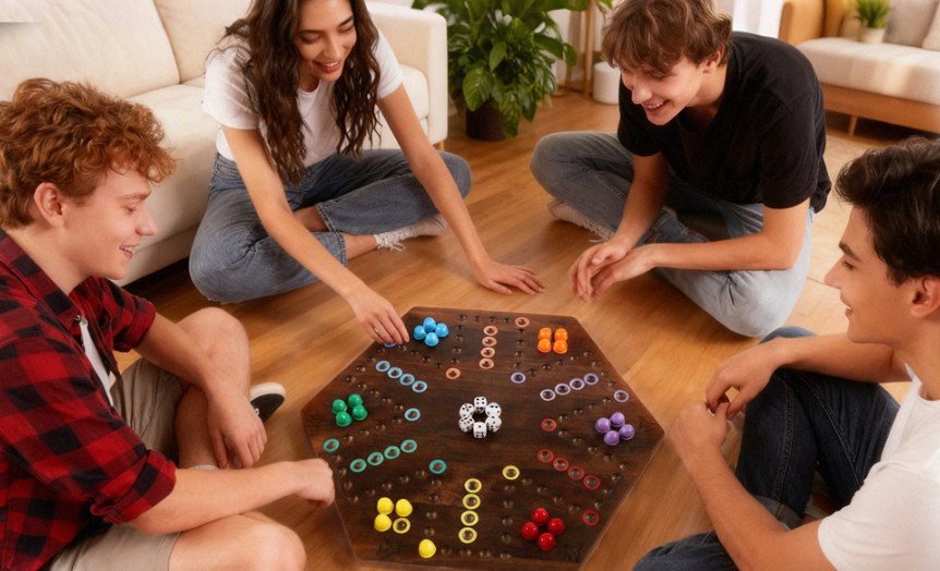 20″ Wood Wahoo Marble Board Game, 4-6 Players, 2-Sided, Rustic Brown