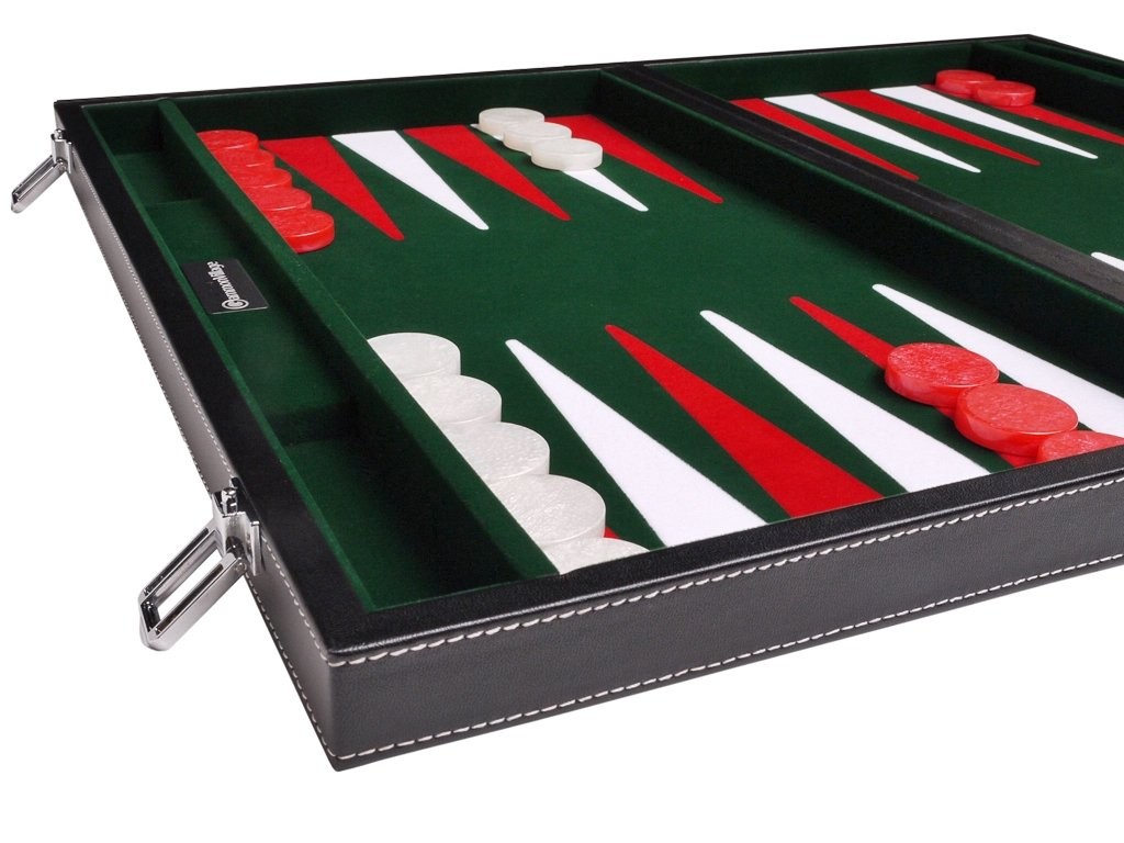 18″ Leatherette Backgammon Set – Inlaid Velvet Field – Black/Green Board