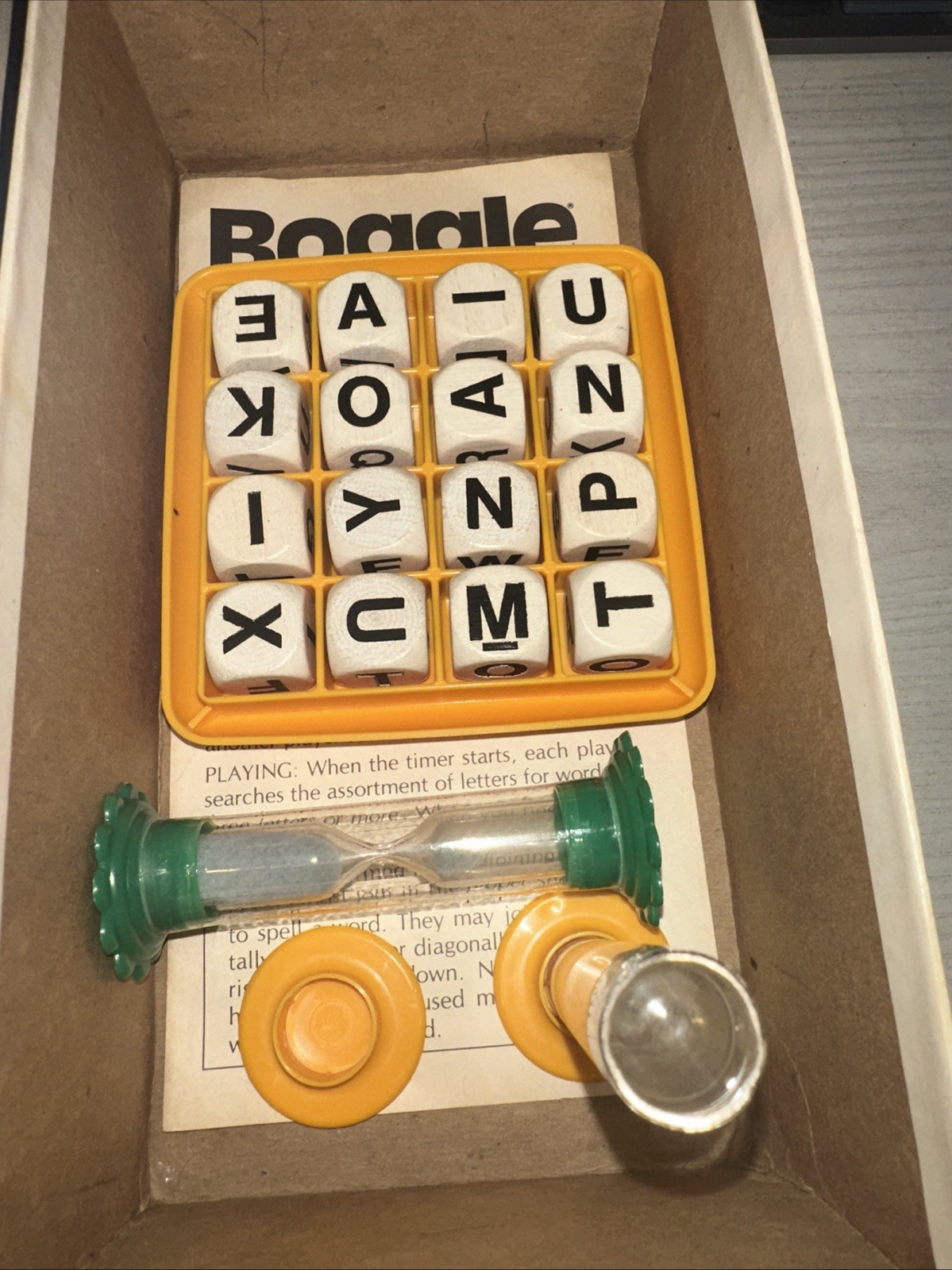Vintage 1976 Boggle Word Game Parker Bros Set Timer/Box Almost Complete Letters