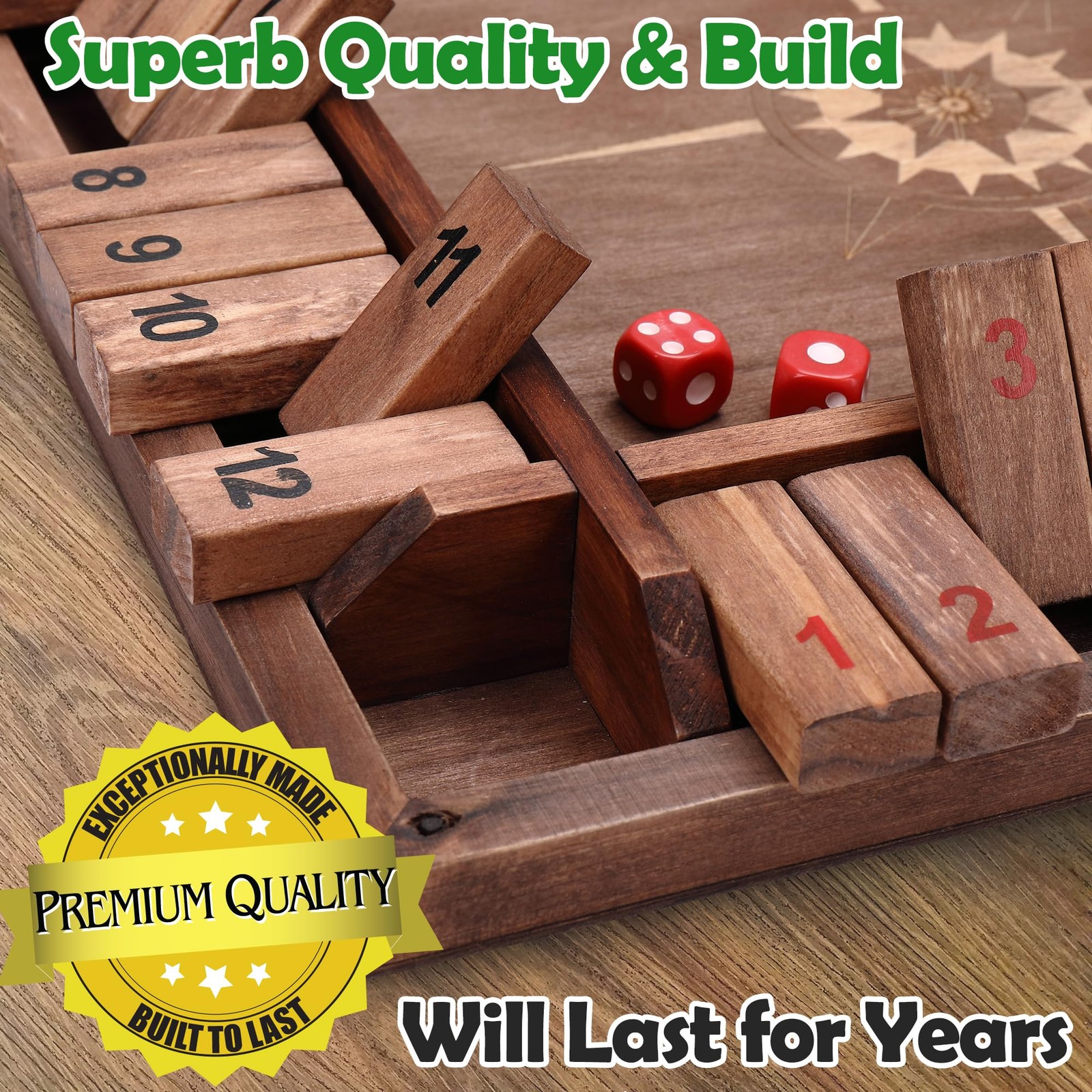 Sterling Games 12 Inches Shut The Box Game for 4 Players, Family Dice Game wi…