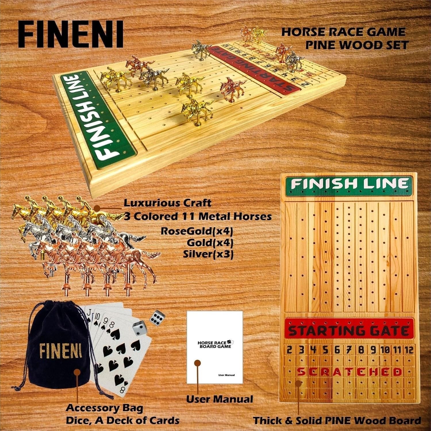 Horse Racing Game for Adults With 11 Luxurious Metal Horses Silver, Black, Ro…
