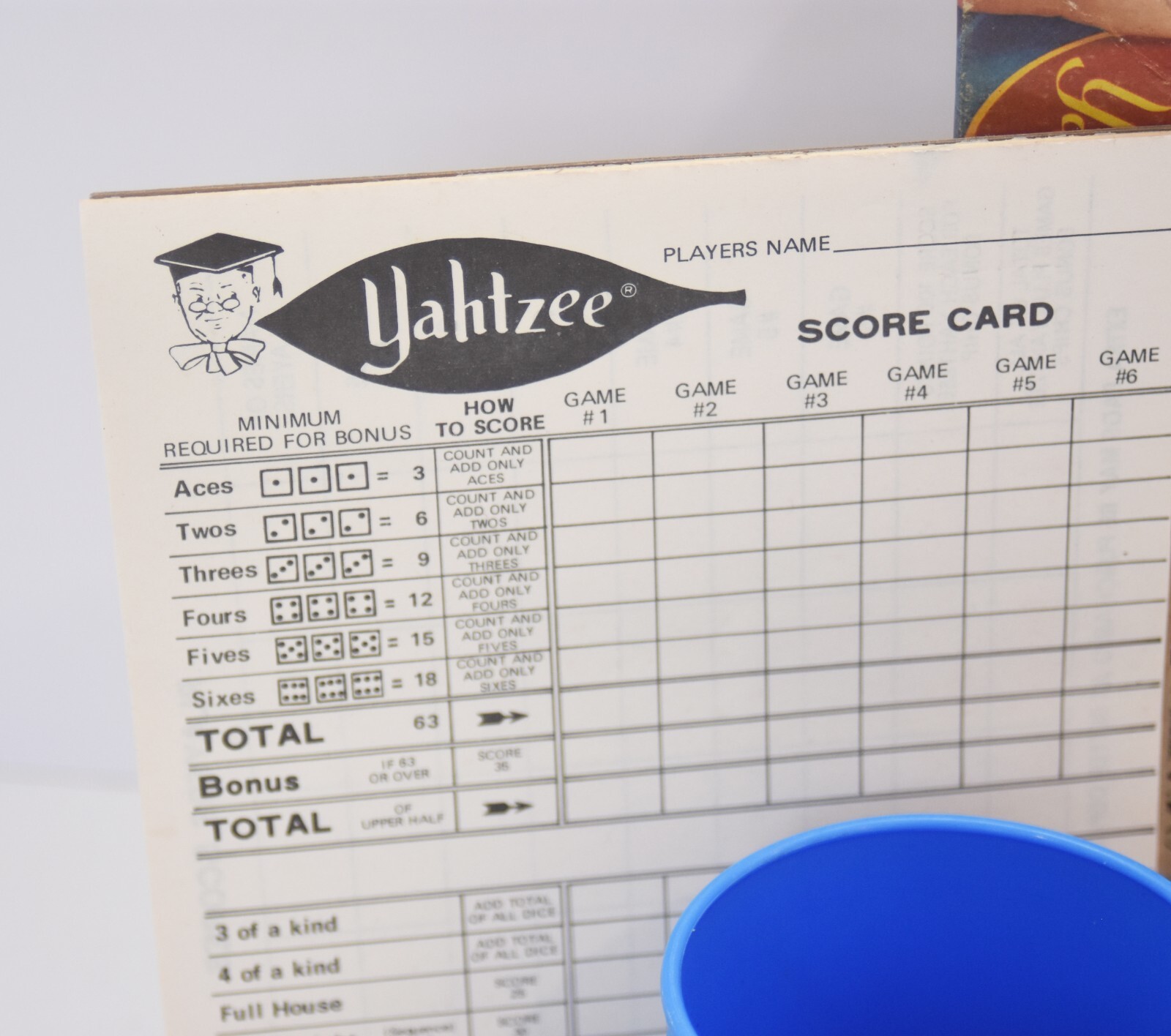 Vintage Yahtzee Light Blue Shaker Cup, Dice, Chips, Instructions And Score Cards