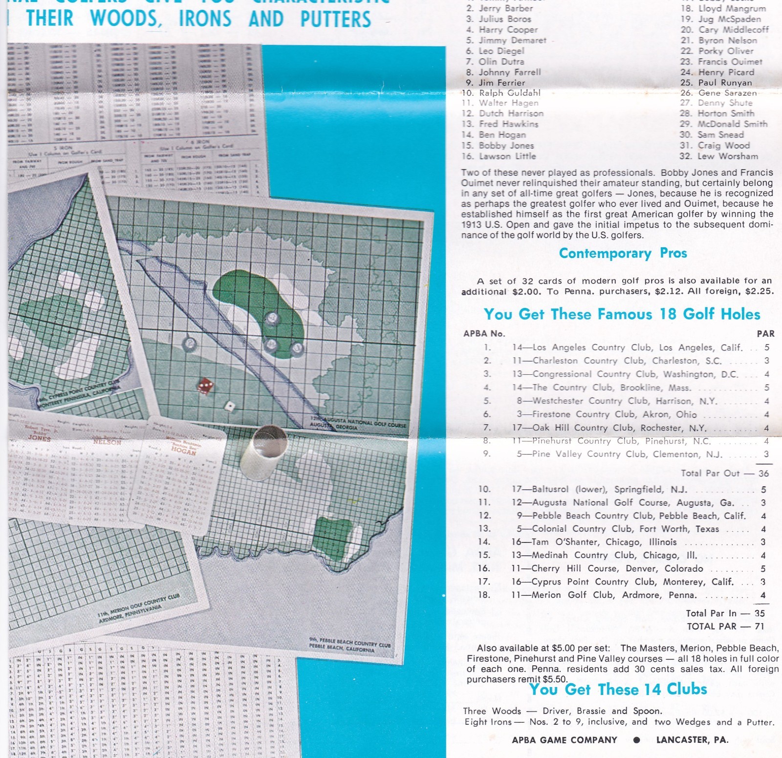 APBA Professional Golf Game brochure Near Mint condition