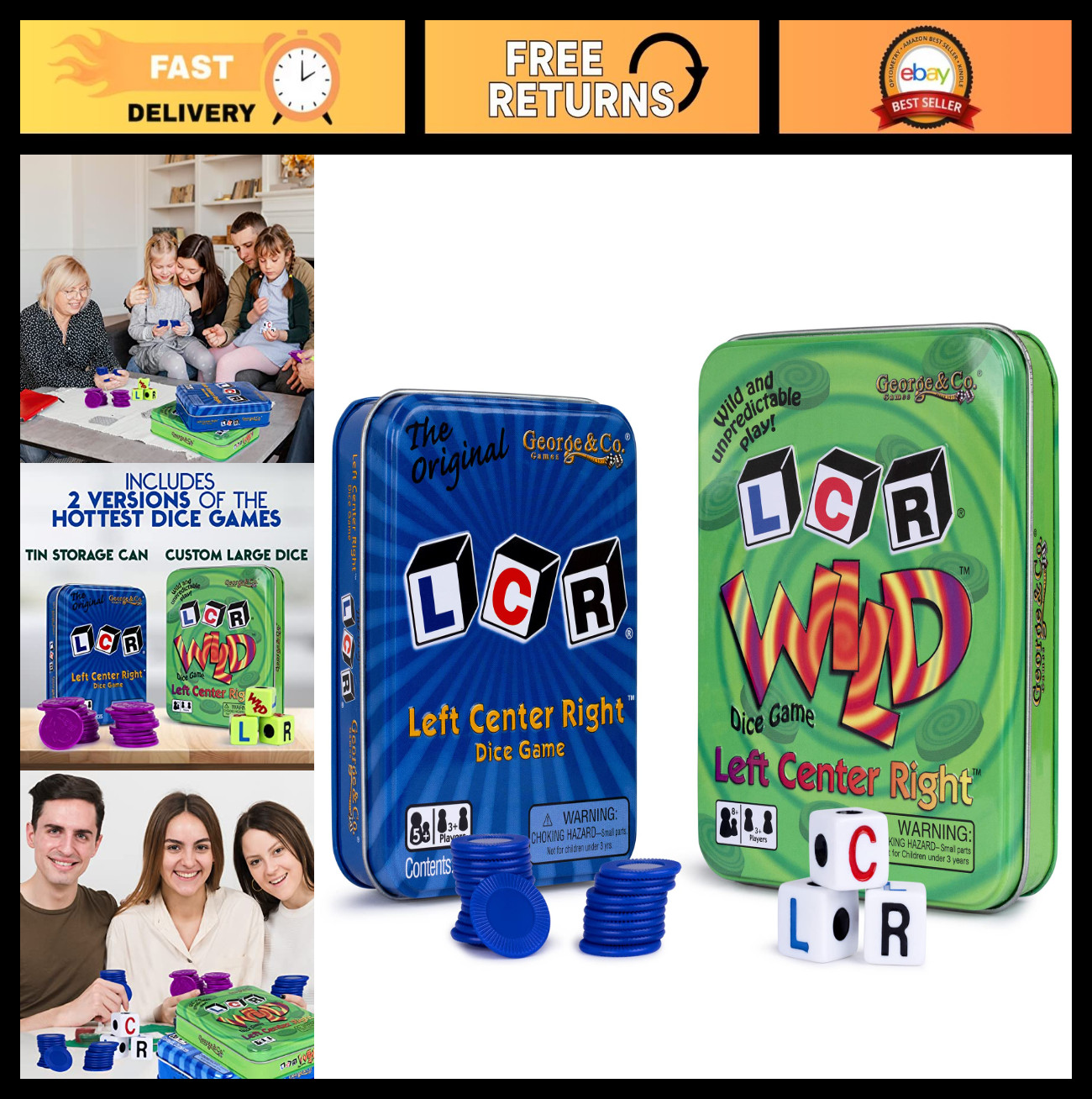 LCR Left Right Center Dice Game in Green Tin Gift Set Bundle – 2 Pack, Blue