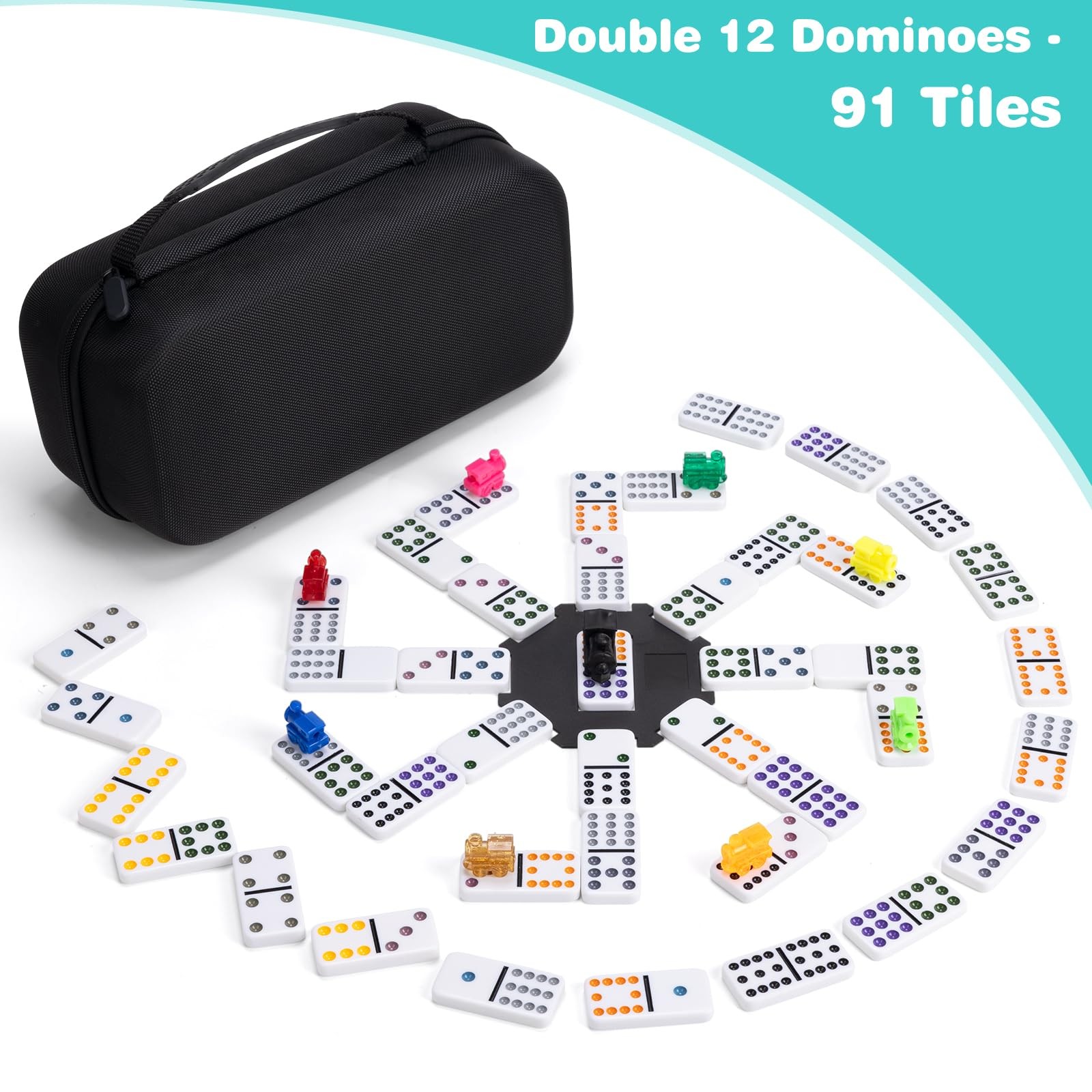 Mexican Train Dominoes Set with 4 Wooden Racks, Double 12 Dominos Game with 9…