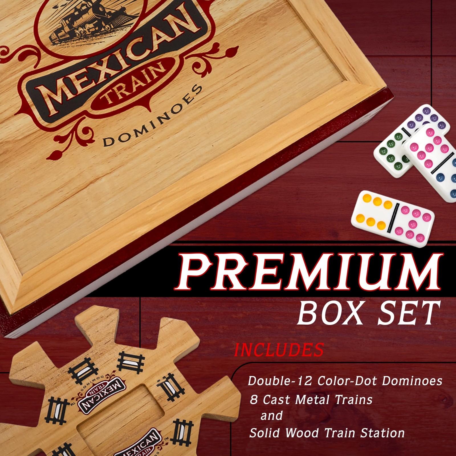 Mexican Train Domino Set Double-12 Color-Dot in Wooden Box for 2-8 Players