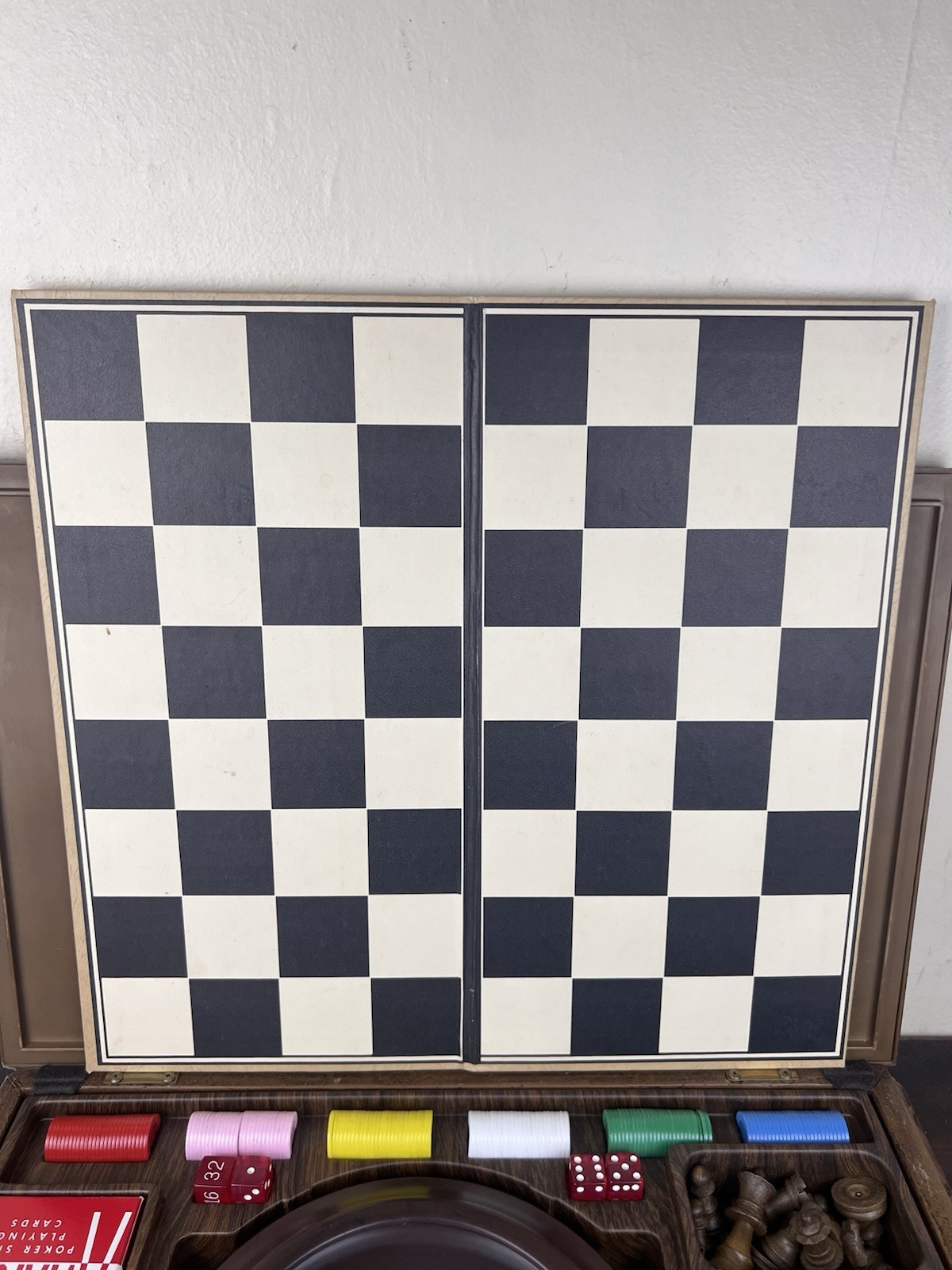 1970s Game Set w/ Box Chess Checkers Roulette Backgammon Dominoes Faux Wood